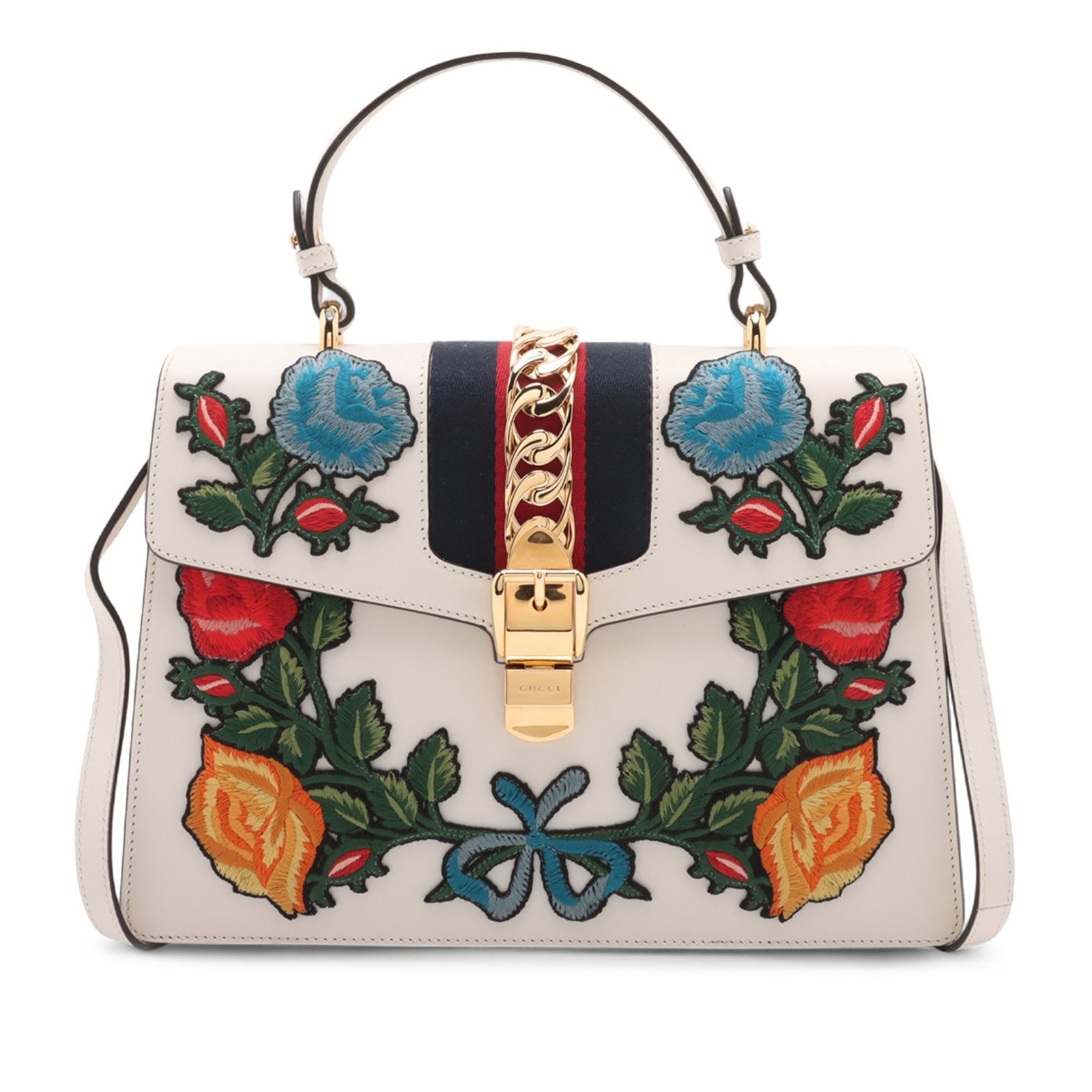 Gucci Sylvie Medium White Leather Bag with Floral Embroidery and Top Handle (1 of 12)