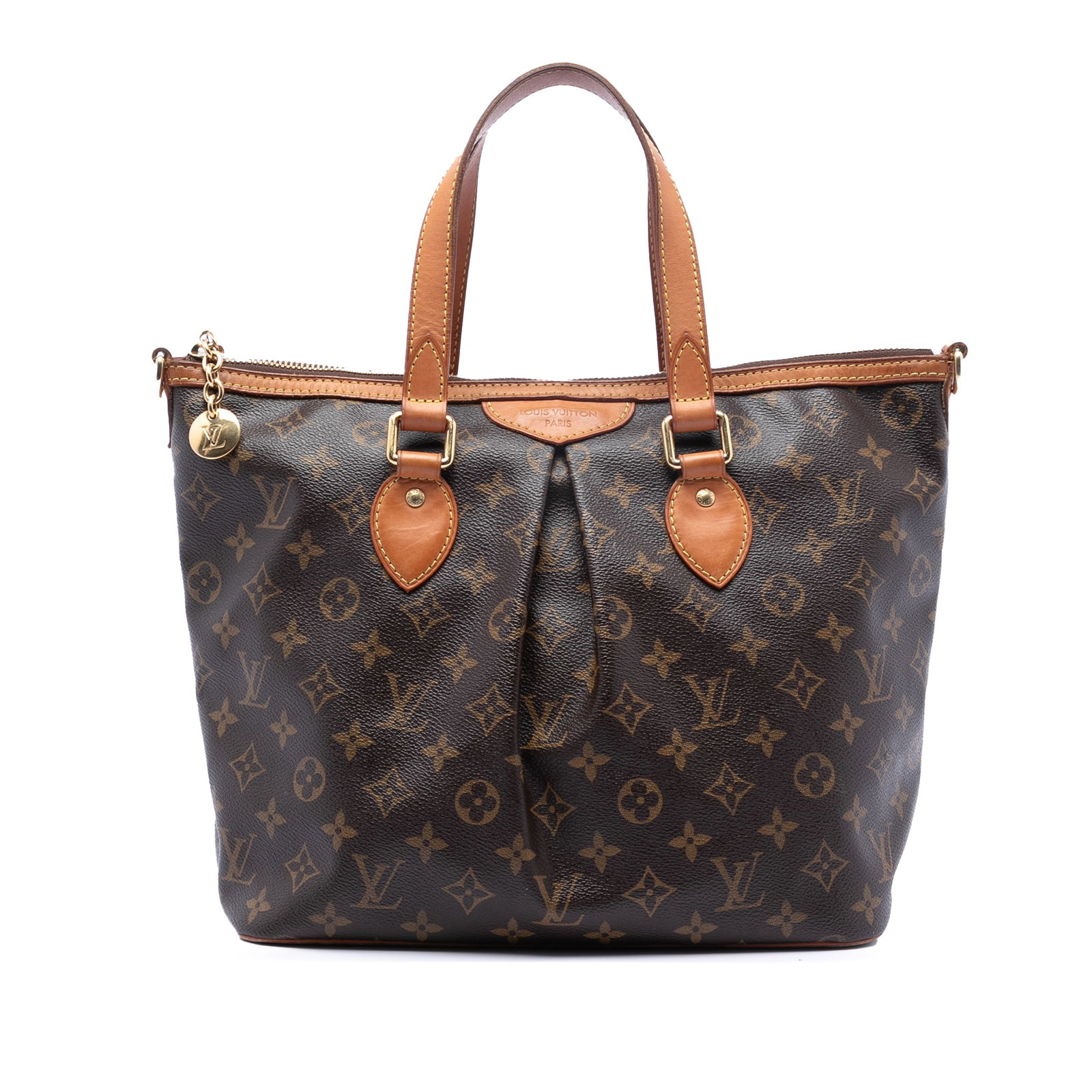 Louis Vuitton Palermo PM Monogram Canvas Handbag with Leather Trim: Louis Vuitton Palermo PM Monogram Canvas Handbag with Leather Trim The Louis Vuitton Monogram Palermo PM is crafted with the iconic monogram canvas and complemented by vachetta leather trim. It featur