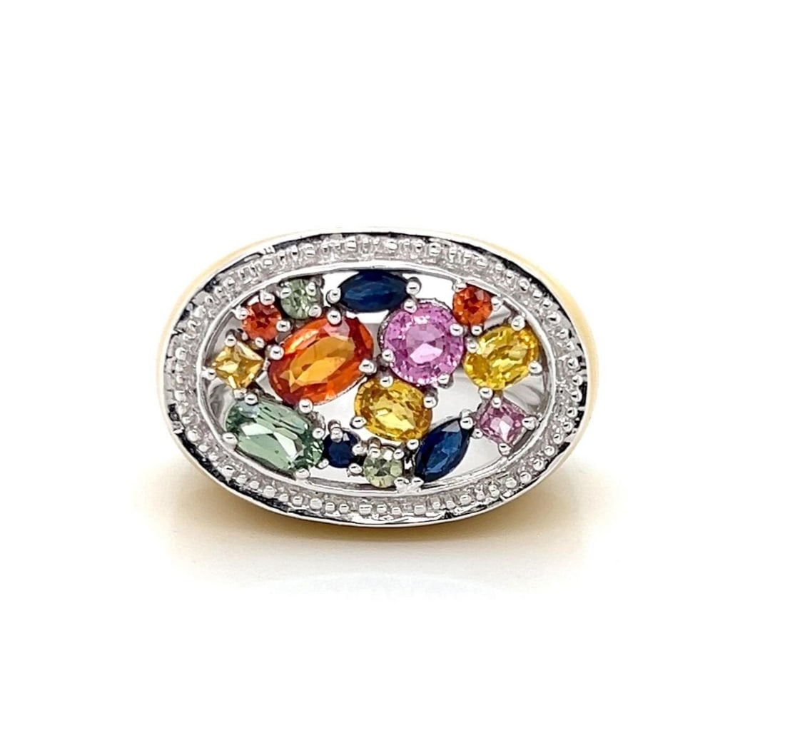 14k White Gold Ring with Multicolor Sapphires and Yellow Enamel Size 6.5 (1 of 6)