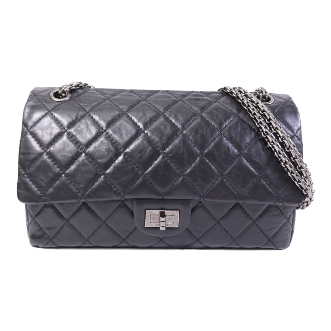 Chanel 2.55 Black Calfskin Shoulder Bag with Silver Tone Chain: Chanel 2.55 Black Calfskin Shoulder Bag with Silver Tone Chain This CHANEL 2.55 chain shoulder bag is crafted from black calfskin leather and features signature CC silver-tone hardware. Designed for w