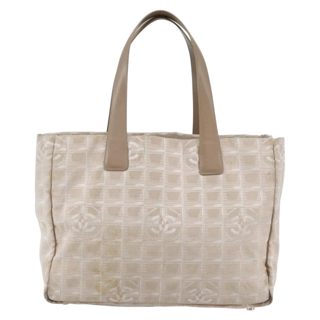 Chanel Nylon Travel Line Tote Bag Beige 34cm by 28cm by 14cm: Chanel Nylon Travel Line Tote Bag Beige 34cm by 28cm by 14cm This pre-owned Chanel Travel Line tote bag for women features beige nylon construction with metal fittings. The bag shows signs of use incl