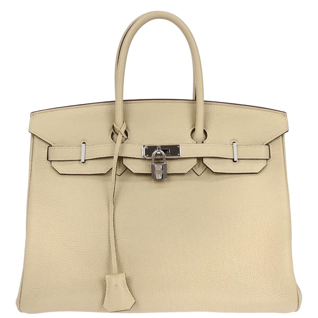 Beige Leather Birkin 35 Parchemin Satchel by Hermes: Beige Leather Birkin 35 Parchemin Satchel by Hermes This Hermes Birkin 35 handbag is crafted from beige Togo leather and features a classic satchel design with double handles and a turnlock closure. T
