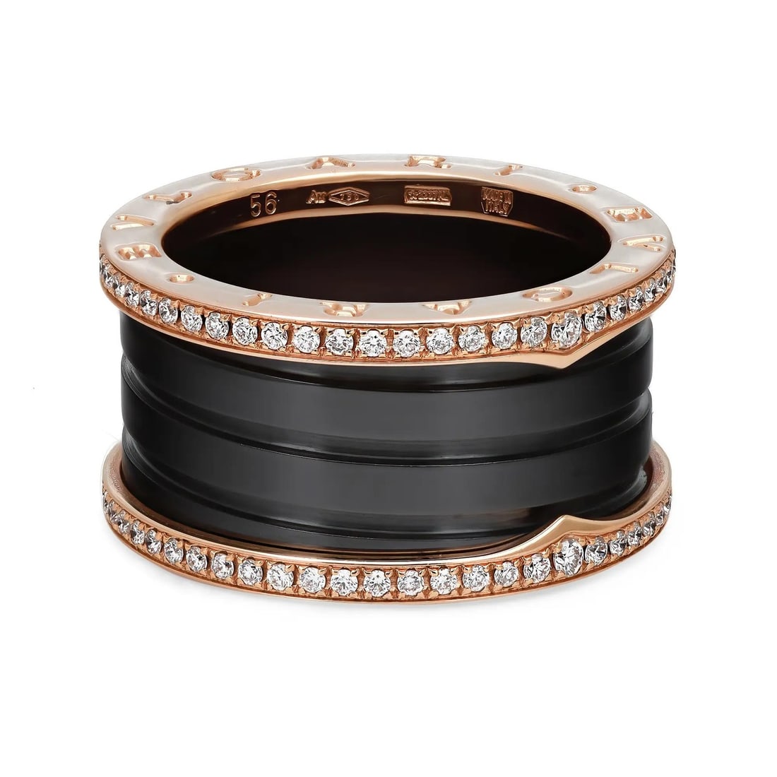 Bvlgari B.Zero1 18K Rose Gold Four-Band Ring with Diamonds 0.80ct Size 7.5: Bvlgari B.Zero1 18K Rose Gold Four-Band Ring with Diamonds 0.80ct Size 7.5 Experience luxury with this stunning Bvlgari B.Zero1 four-band ring, expertly crafted from lustrous 18K rose gold. The unique