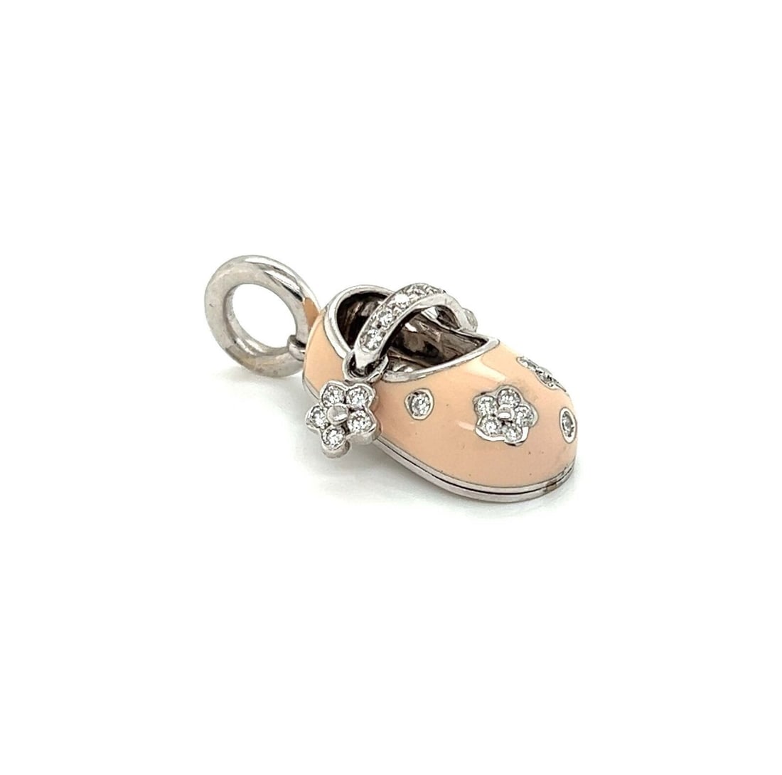 Baby Shoe Pendant with Diamonds in 18k White Gold by Aaron Basha: Baby Shoe Pendant with Diamonds in 18k White Gold by Aaron Basha This Aaron Basha pendant features a charming baby shoe design, crafted from 18k white gold and adorned with pink enamel and sparkling d