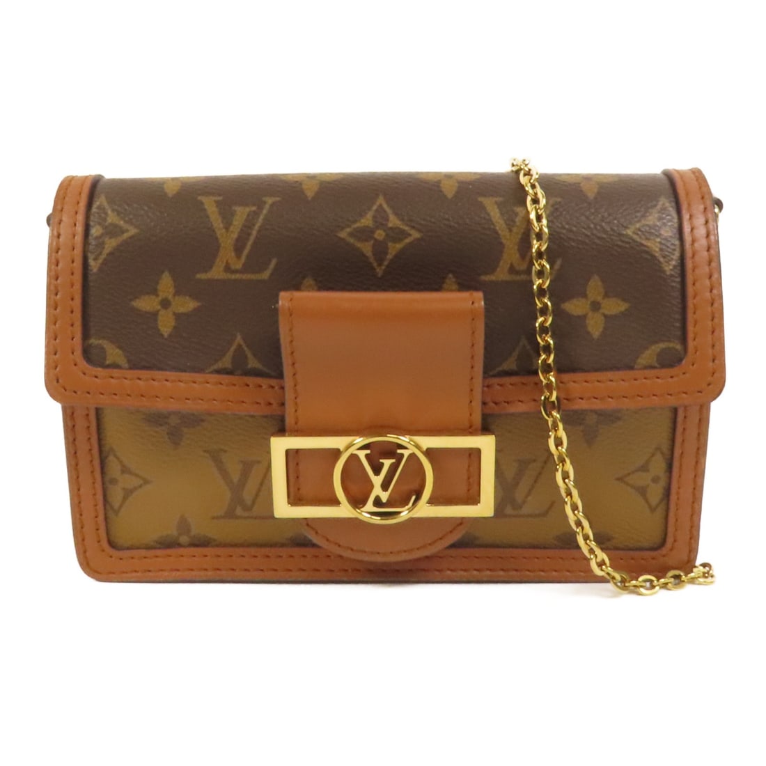 Louis Vuitton Mini Dauphine Monogram Reverse Shoulder Bag with Gold Hardware: Louis Vuitton Mini Dauphine Monogram Reverse Shoulder Bag with Gold Hardware This Louis Vuitton Mini Dauphine shoulder bag features the signature Monogram Reverse pattern in brown with gold tone hardw