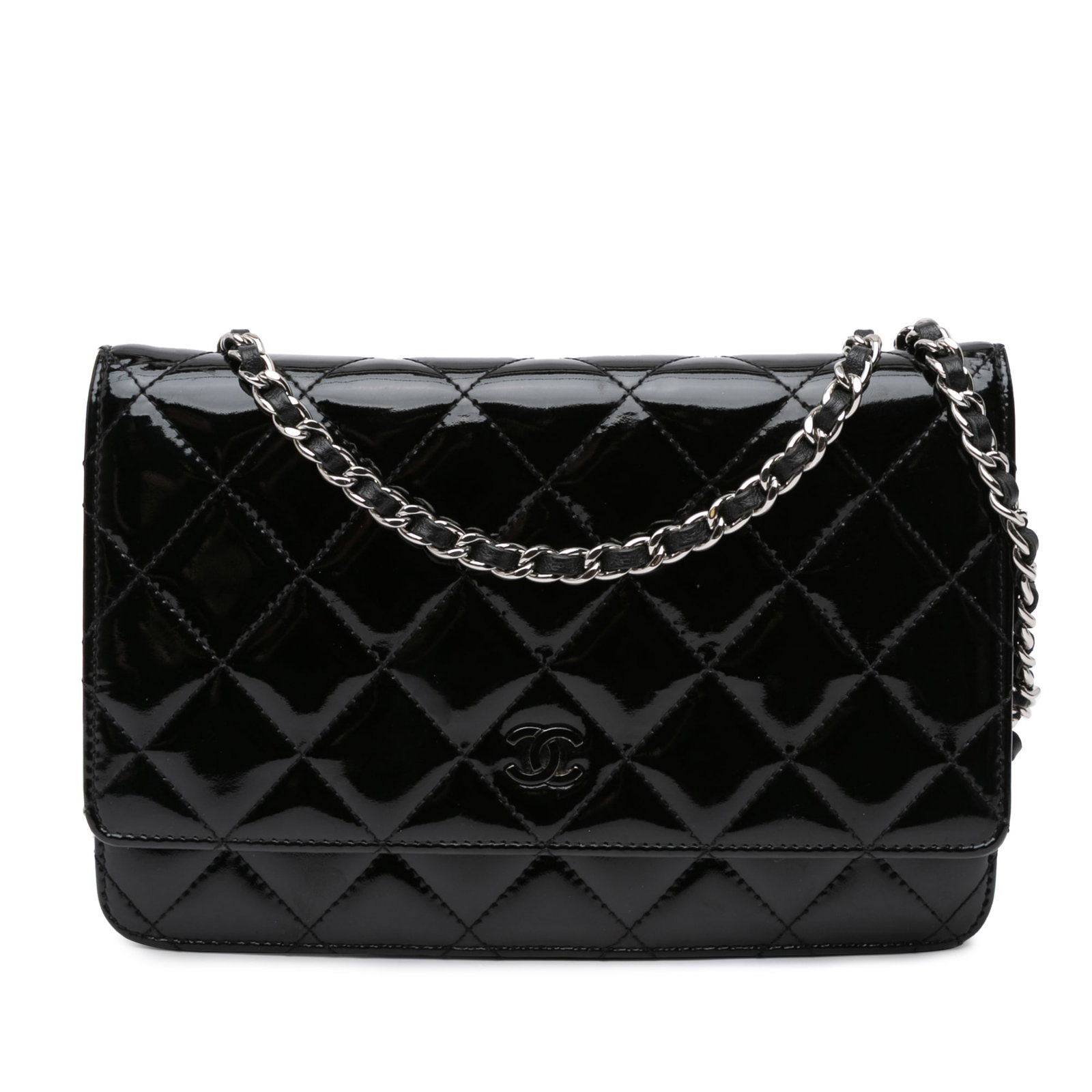 Chanel Black Quilted Patent Leather Wallet On Chain With CC Logo Flap (1 of 10)