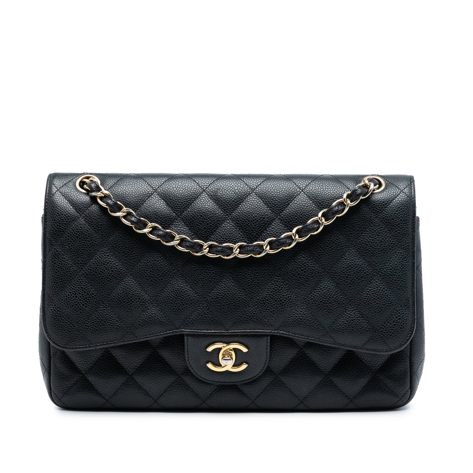 Chanel Black Quilted Caviar Leather Jumbo Double Flap Shoulder Bag: Chanel Black Quilted Caviar Leather Jumbo Double Flap Shoulder Bag This Chanel Jumbo Classic Caviar Double Flap shoulder bag features a quilted caviar leather body, leather-woven chain straps, a doubl