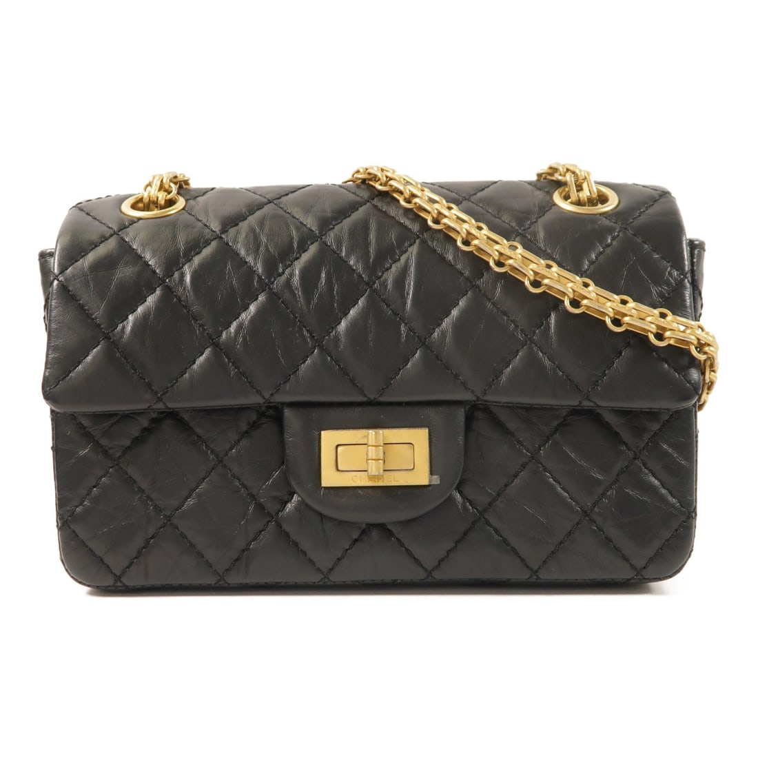 Chanel 2.55 Mini Black Calfskin Shoulder Bag with Gold Tone CC Hardware: Chanel 2.55 Mini Black Calfskin Shoulder Bag with Gold Tone CC Hardware This CHANEL 2.55 Mini Chain Shoulder Bag is crafted from black calfskin leather and features gold-tone CC hardware. Designed for