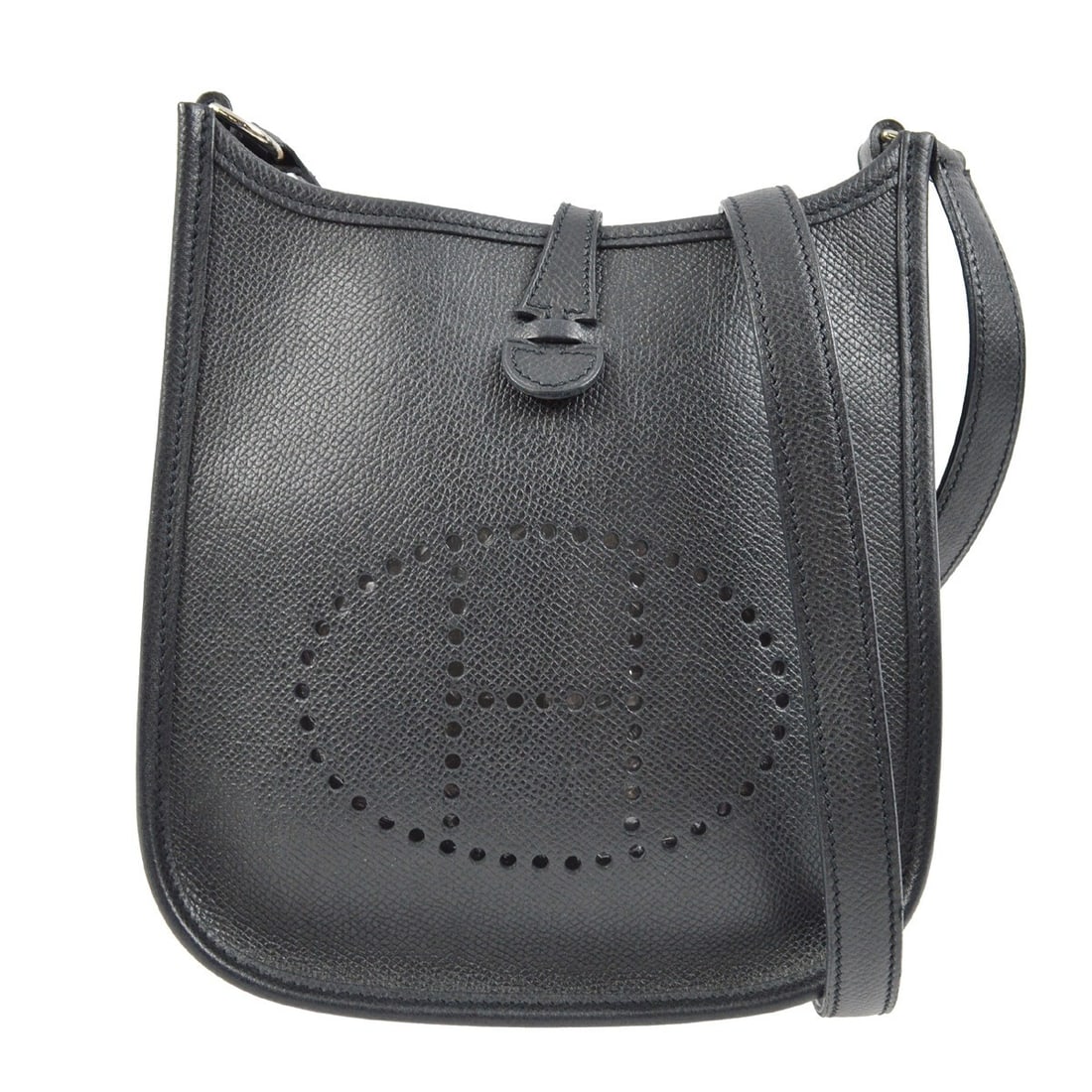 Evelyne TPM Small Black Epsom Leather Shoulder Bag by Hermes: Evelyne TPM Small Black Epsom Leather Shoulder Bag by Hermes This Hermes Evelyne TPM shoulder bag features black Epsom leather with a logo accent and a snap closure. The bag is small in size and lined