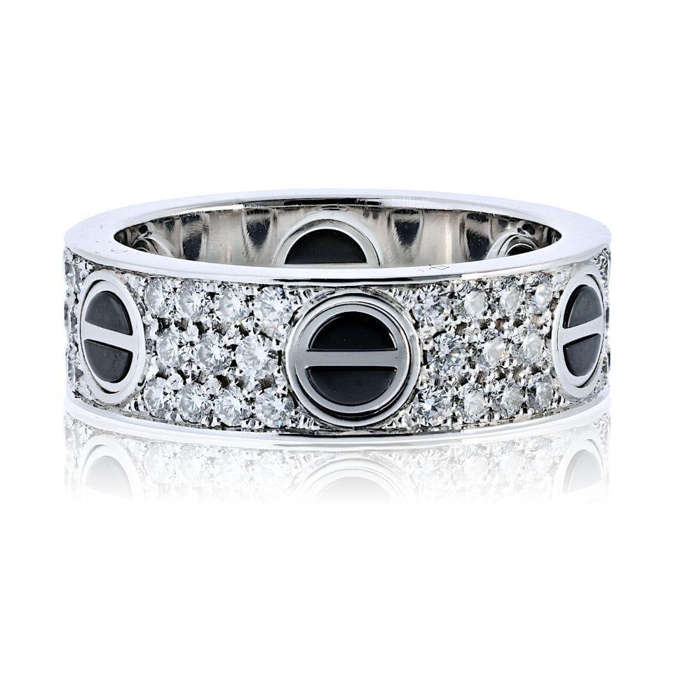 Love Collection 18K White Gold Ring with Black Ceramic Details by Cartier Size 7: Love Collection 18K White Gold Ring with Black Ceramic Details by Cartier Size 7 This Cartier Love ring is crafted from 18K white gold and features alternating pave-set diamond screw motifs with black