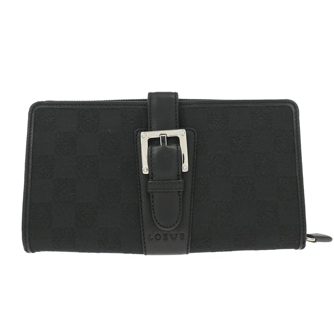 Black Leather Canvas Wallet for Women by Loewe with Logo Accent: Black Leather Canvas Wallet for Women by Loewe with Logo Accent This Loewe black canvas wallet is crafted for women and features leather canvas material with a distinctive logo accent. Made in Spain,