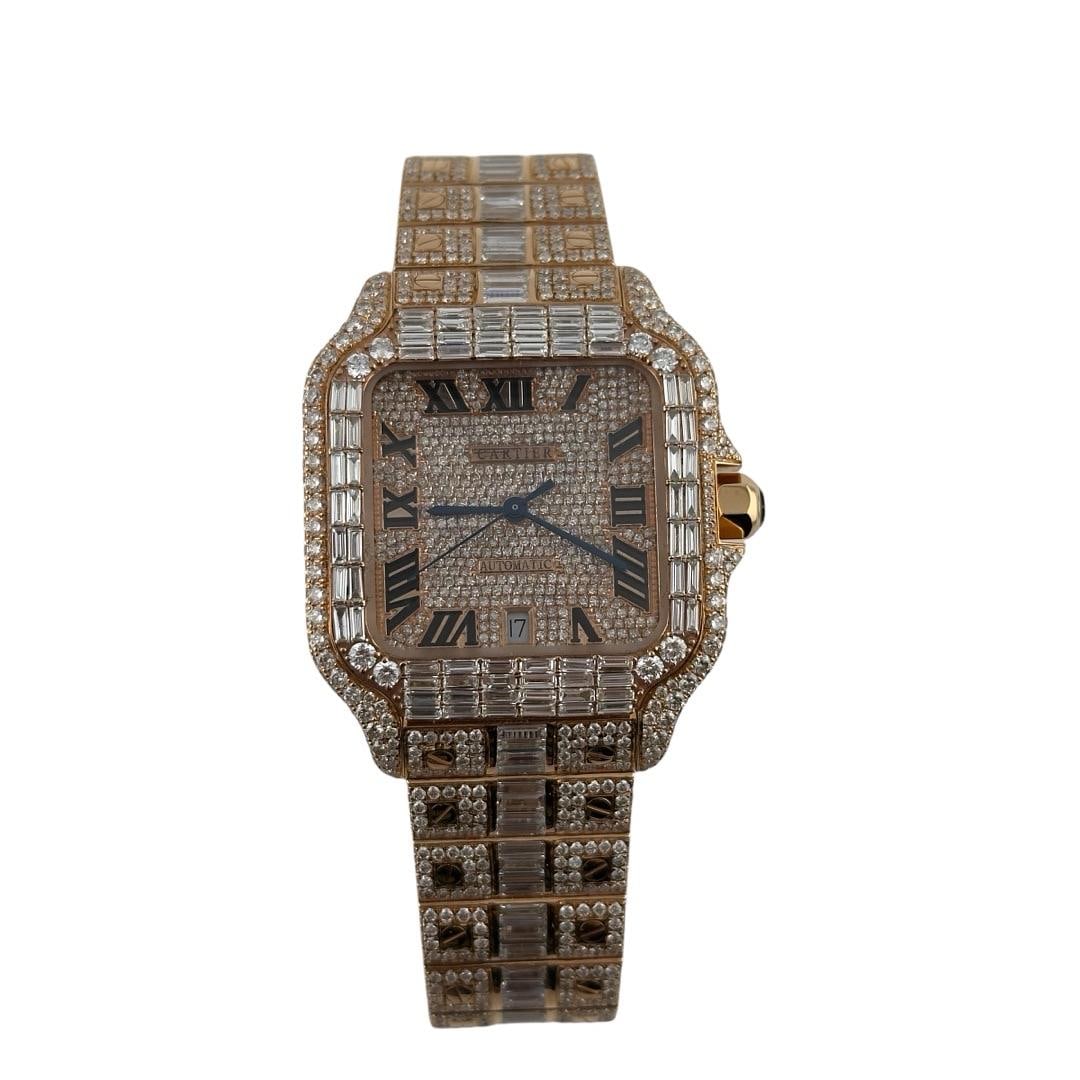 Cartier Santos Diamond 4071 Roman Dial Watch with Card 2021: Cartier Santos Diamond 4071 Roman Dial Watch with Card 2021 This Cartier Santos Ref 4071 features an iced out Roman dial, a baguette diamond bezel, and a diamond bracelet. The watch is designed for me