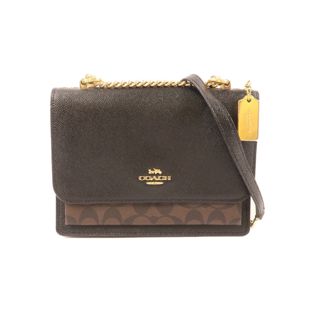 Black Calfskin Chain Shoulder Bag by COACH with Gold Tone Hardware E2272-91019: Black Calfskin Chain Shoulder Bag by COACH with Gold Tone Hardware E2272-91019 This Coach shoulder bag features a sleek black calfskin leather exterior and a chain strap. Crafted in the United States,