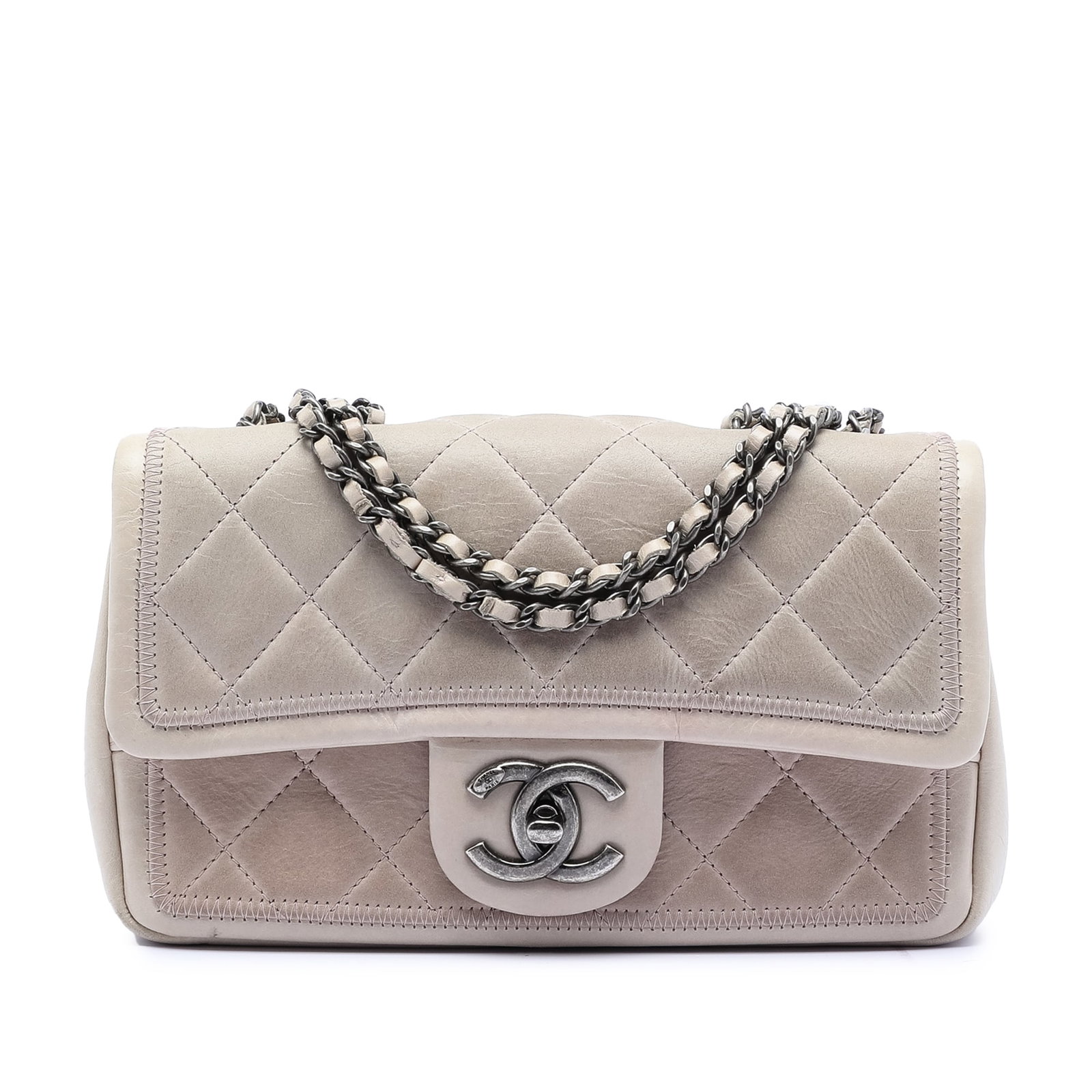 Chanel Small Quilted Calf Leather Flap Bag with Chain Strap: Chanel Small Quilted Calf Leather Flap Bag with Chain Strap This Chanel Small Quilted Calfskin Stitched Frame Flap bag features a brown quilted calf leather body with leather-woven chain straps, a top