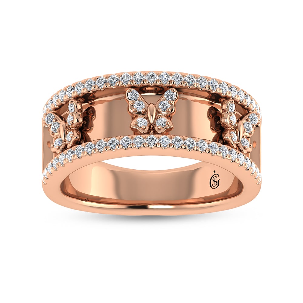 14K Rose Gold Diamond 1/3 Ct.Tw. Butterfly Fashion Ring: 14K Rose Gold Diamond 1/3 Ct.Tw. Butterfly Fashion Ring 14k Rose Gold Stone Color: G-h Stone Clarity: Si1 Each ring is presented in standard size 6.5. Complimentary resizing is available between sizes
