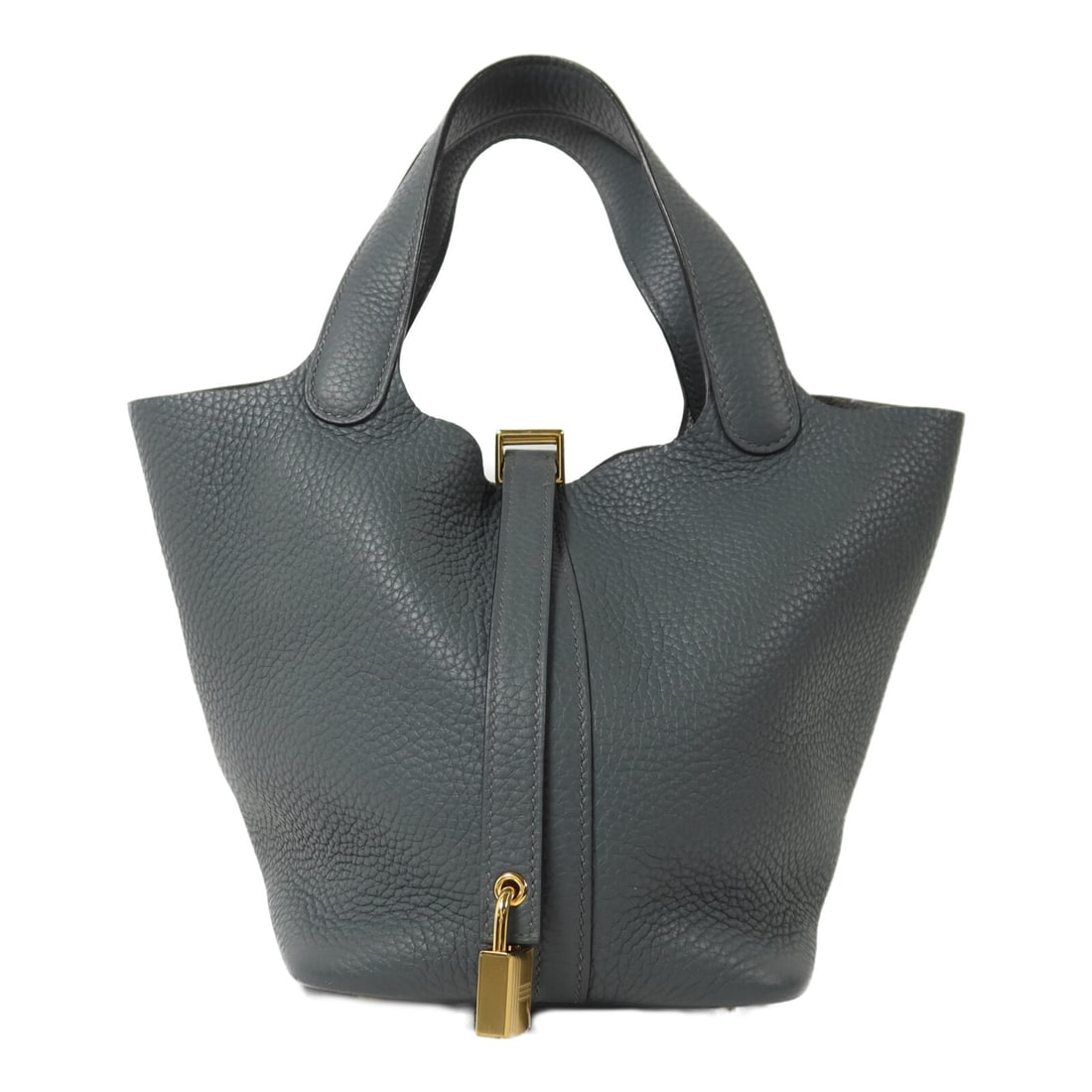 Hermes Picotin PM Blue Calfskin Tote with Gold Hardware: Hermes Picotin PM Blue Calfskin Tote with Gold Hardware This Hermes Picotin PM tote bag is crafted from Taurillon Clemence calfskin leather in a striking blue shade. Featuring gold-tone hardware, the