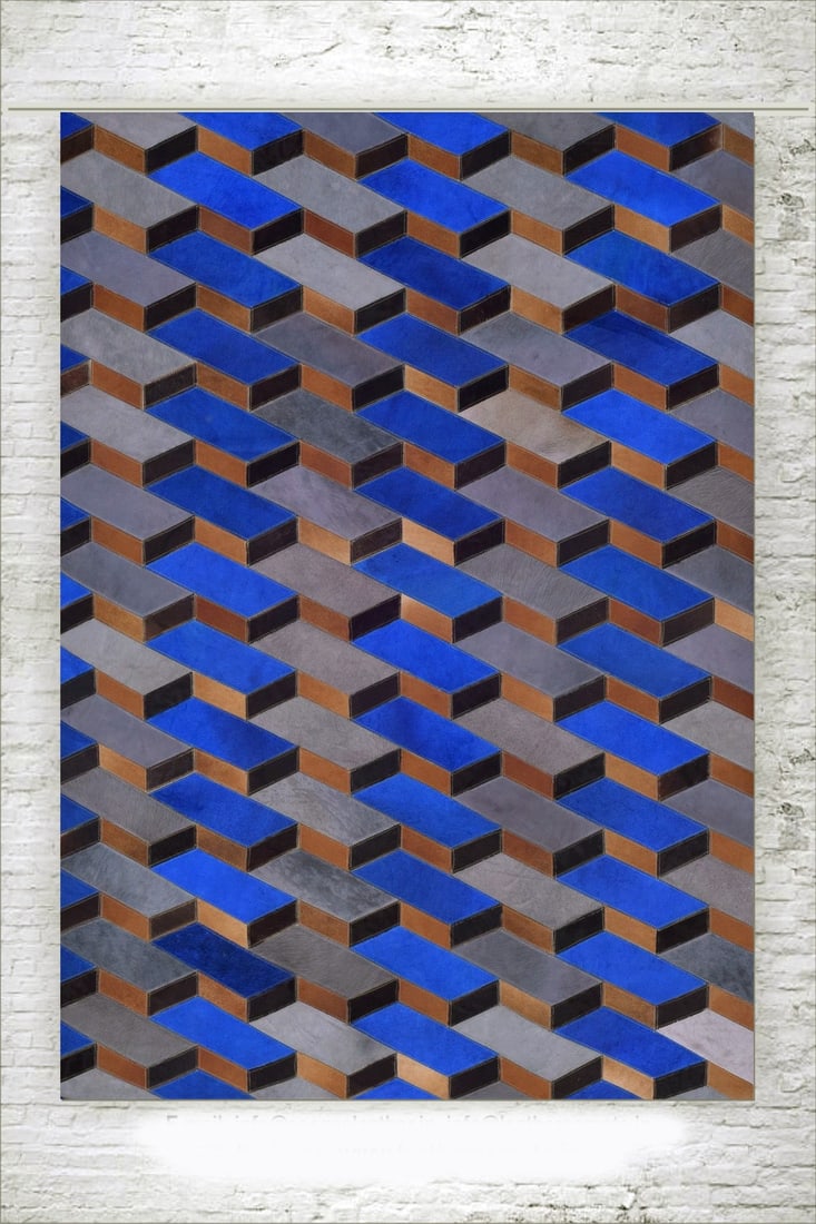 Luxury 3D Isometric Patchwork Cowhide Leather Rug in Cobalt Slate 3FT x 5FT (1 of 1)