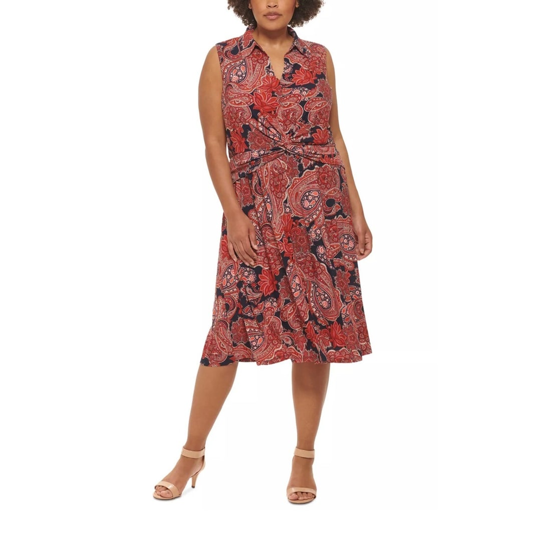 Tommy Hilfiger Plus Size V Neck Paisley Midi Dress 20W Twist-Front: Tommy Hilfiger Plus Size V Neck Paisley Midi Dress 20W Twist-Front Elevate your wardrobe with this stunning Plus Size V Neck Paisley-Print Twist-Front Midi Dress from Tommy Hilfiger. The vibrant paisl
