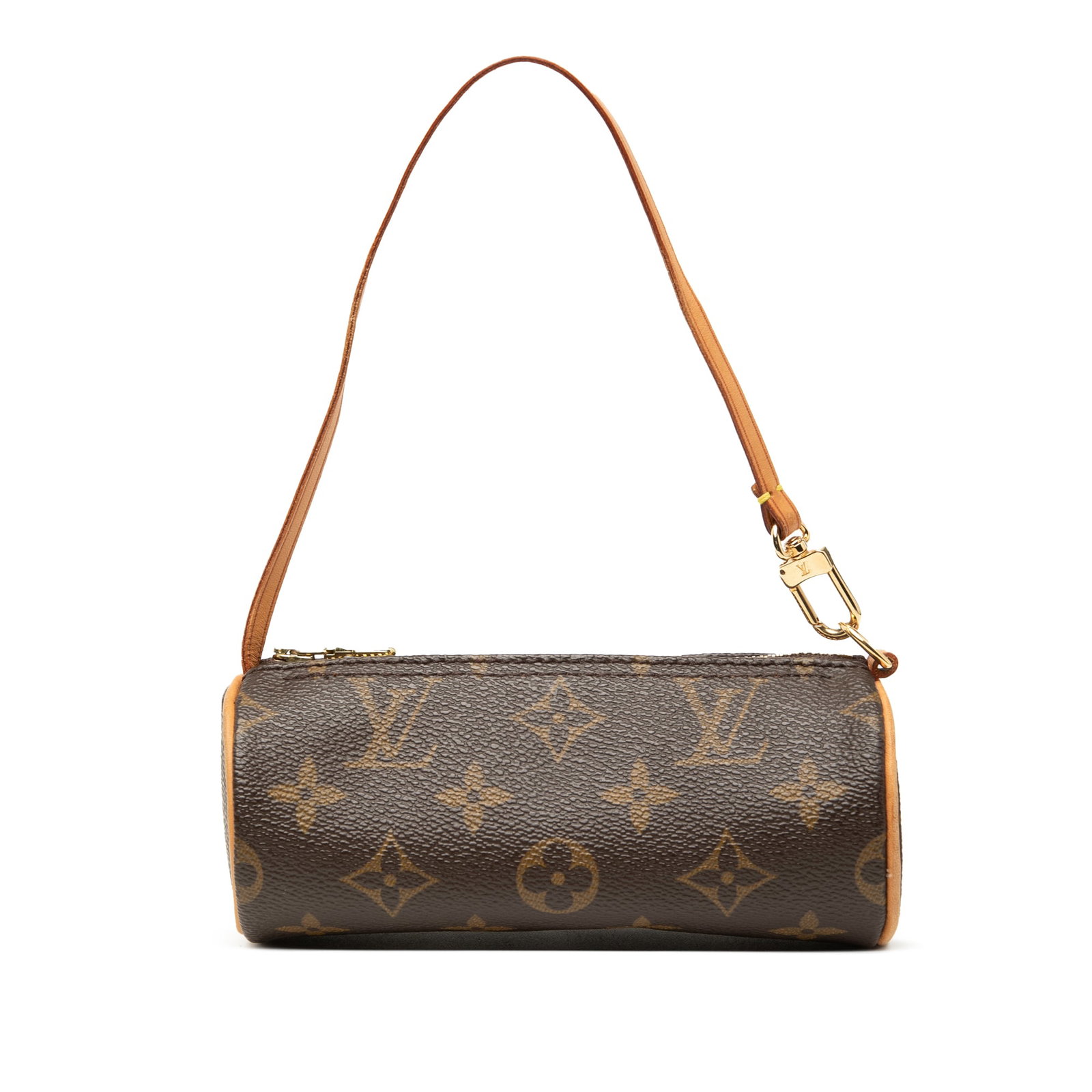 Louis Vuitton Papillon Monogram Canvas Pochette Handbag with Leather Strap: Louis Vuitton Papillon Monogram Canvas Pochette Handbag with Leather Strap This Louis Vuitton Monogram Papillon Pochette features the iconic monogram canvas body, a flat vachetta leather strap, and a