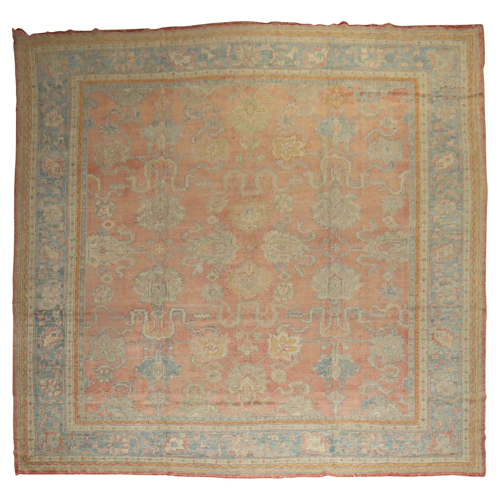 Zabihi Collection Antique Peach Oushak Rug 11'6'' x 13' Hand-Knotted Wool Turkey: Zabihi Collection Antique Peach Oushak Rug 11'6'' x 13' Hand-Knotted Wool Turkey Discover the beauty of this Zabihi Collection Antique Peach Oushak Square Rug, an exquisite piece from the early 20th c