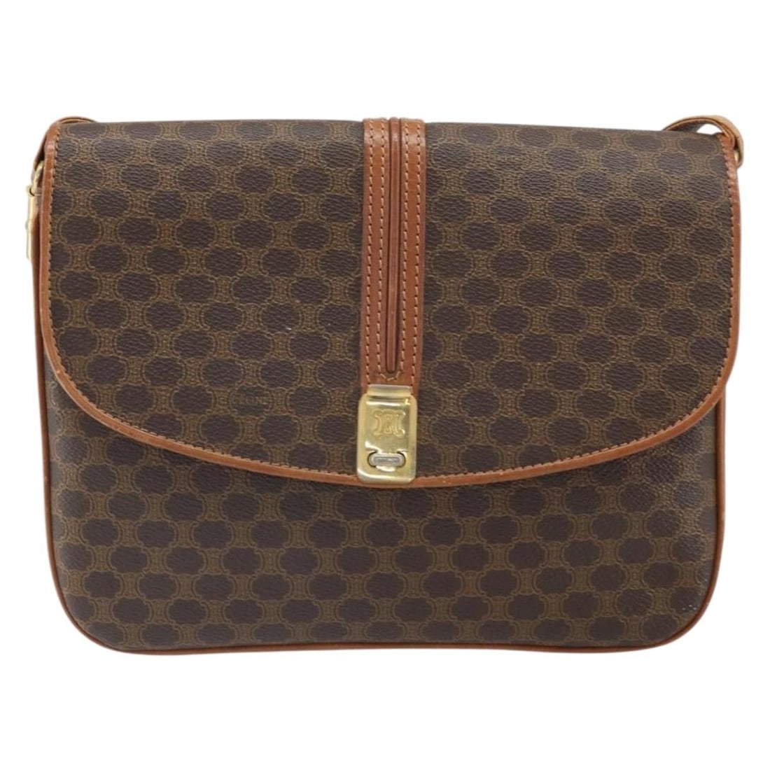 Vintage Macadam Canvas Shoulder Bag by Celine Brown 24cm x 18cm x 3cm: Vintage Macadam Canvas Shoulder Bag by Celine Brown 24cm x 18cm x 3cm This vintage Celine Macadam shoulder bag for women features a brown canvas exterior with leather accents. It shows signs of wear i