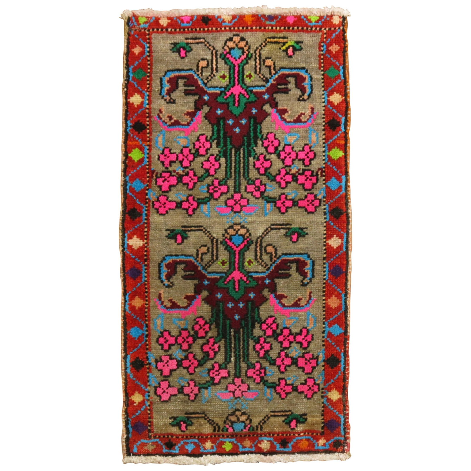 Bohemian Vintage Turkish Hand-Woven Wool Rug 17 x 31: Bohemian Vintage Turkish Hand-Woven Wool Rug 17 x 31 Discover the charm of this one-of-a-kind vintage Turkish Anatolian rug, perfect for adding a bohemian touch to your space. Hand-woven with care, th