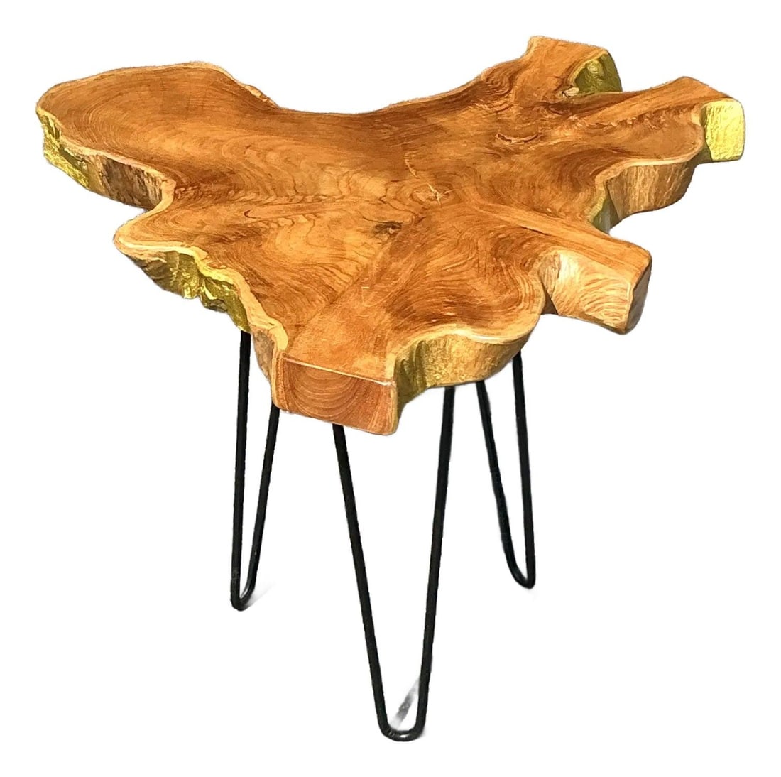 Vintage Boho Slab Side Table with Pin Legs in Amber Wood: Vintage Boho Slab Side Table with Pin Legs in Amber Wood Enhance your living space with the Vintage Boho Pin Leg Slab Side Table, a perfect fusion of artistic design and functionality. This unique pie