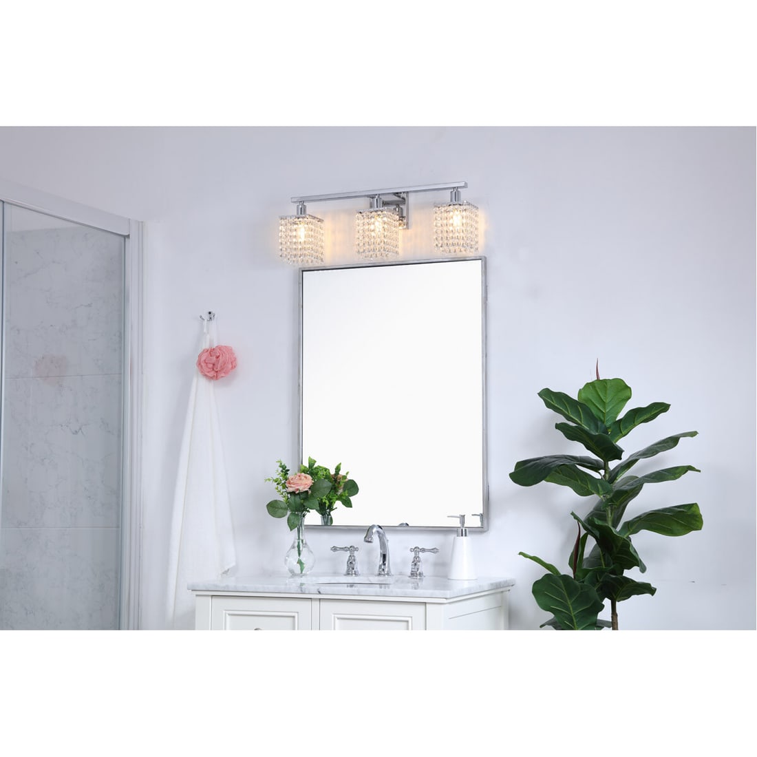 Phineas 24 Inch Chrome Crystal Modern Wall Sconce for Bathroom or Bedroom: Phineas 24 Inch Chrome Crystal Modern Wall Sconce for Bathroom or Bedroom This modern wall sconce from the Phineas Collection features a polished chrome finish and royal cut crystals, creating a glamo