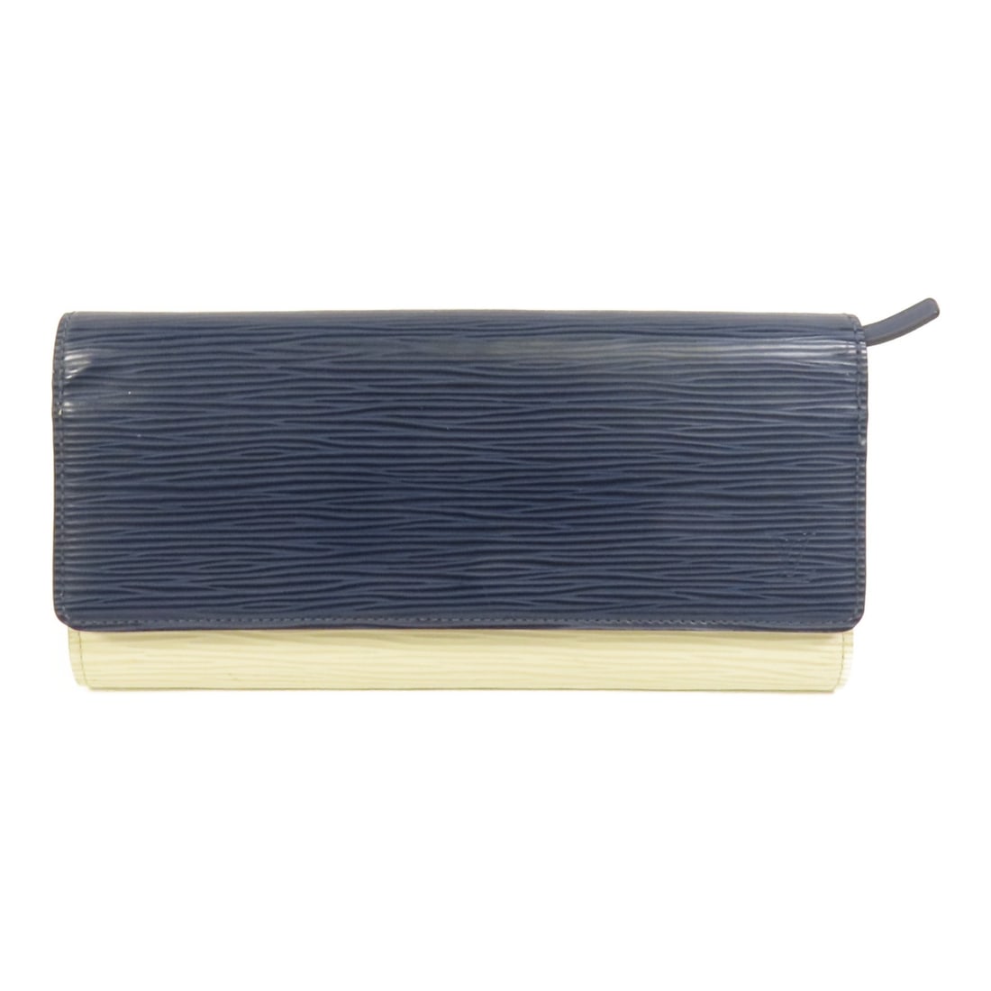 Louis Vuitton Epi Calfskin Navy and White Bifold Long Wallet M60394: Louis Vuitton Epi Calfskin Navy and White Bifold Long Wallet M60394 This Louis Vuitton long wallet features a bifold design crafted from high-quality calfskin leather in a navy color with a white acce