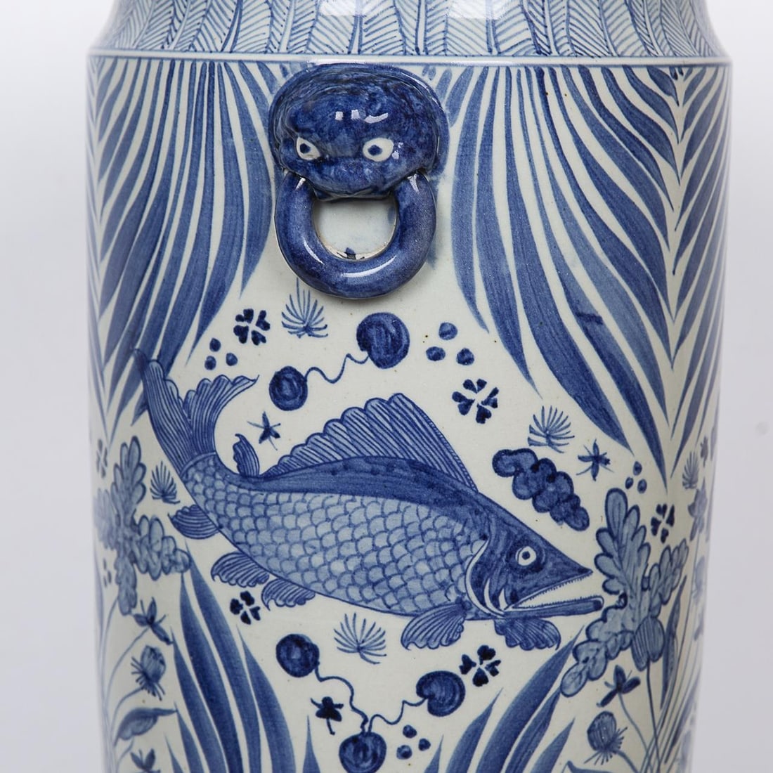 Chinoiserie Blue Ceramic Fish Lotus Umbrella Stand 21H (1 of 3)