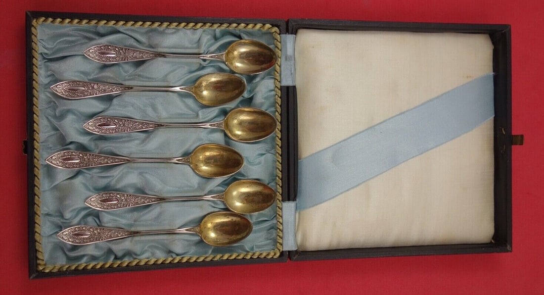 Set of 6 Danish Sterling Silver Demitasse Spoons 4 1/4" Gold Wash (1 of 6)