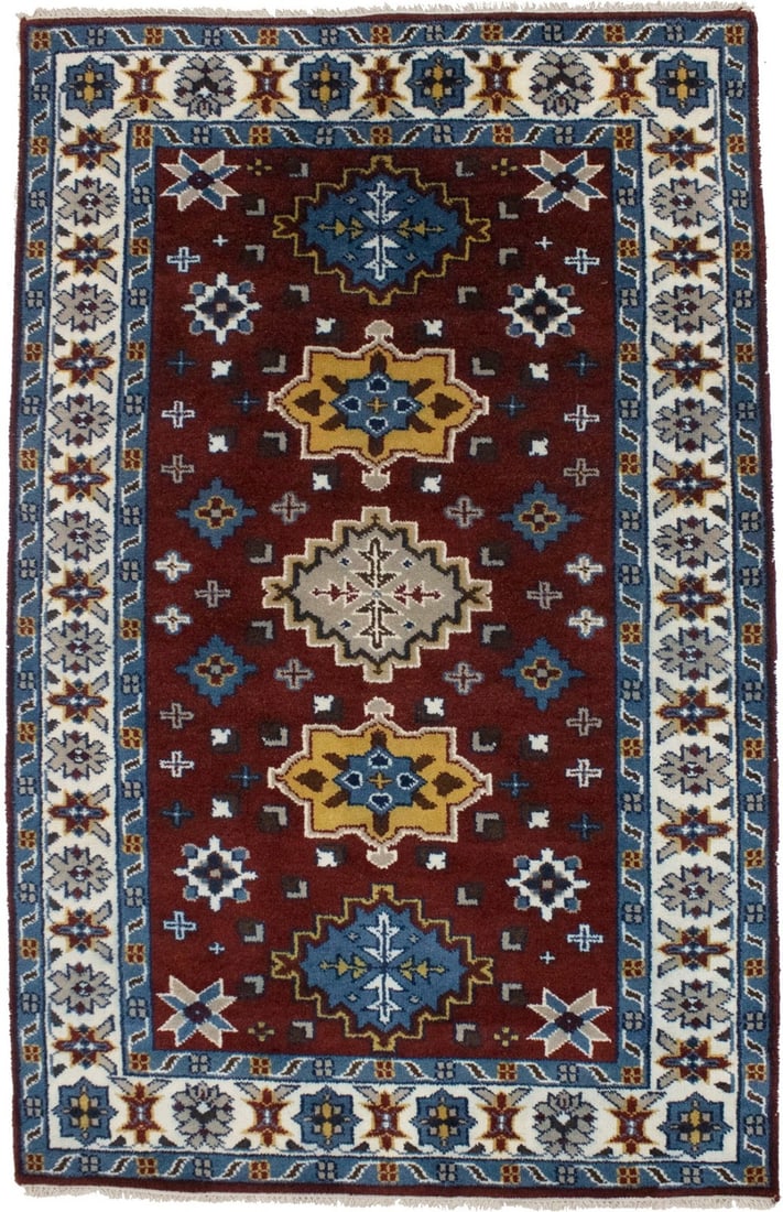 Hand-Knotted Wool Geometric Kazak Rug 5x8 Tribal Pattern Modern Decor: Hand-Knotted Wool Geometric Kazak Rug 5x8 Tribal Pattern Modern Decor This hand-knotted wool area rug features a geometric tribal design in wine red, ivory, hale navy blue, brown, gold, and other acce