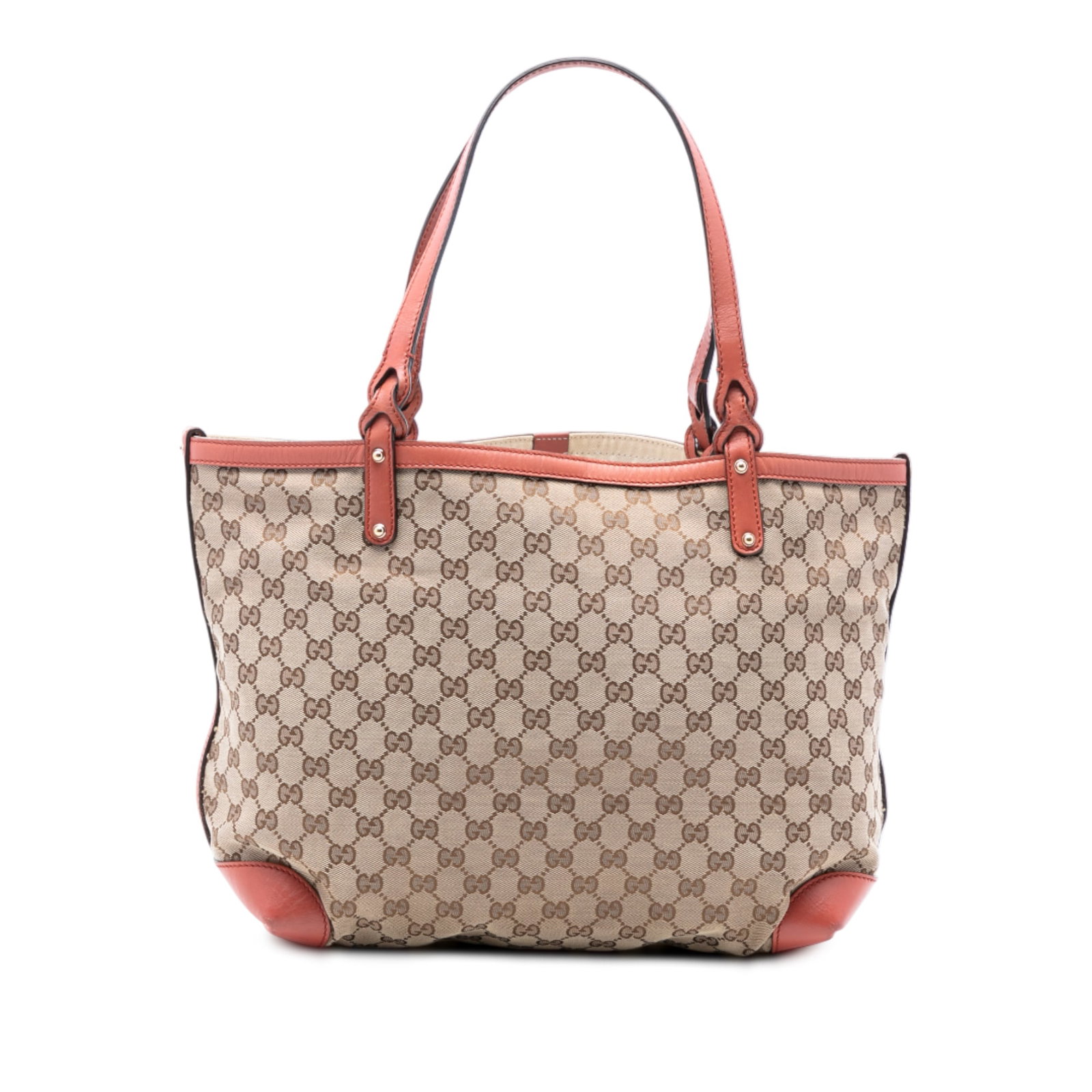 Gucci GG Canvas Medium Tote Bag with Leather Trim Beige: Gucci GG Canvas Medium Tote Bag with Leather Trim Beige This Gucci Medium GG Canvas Craft Tote features a beige canvas body complemented by leather trim and flat leather handles. The open top design i