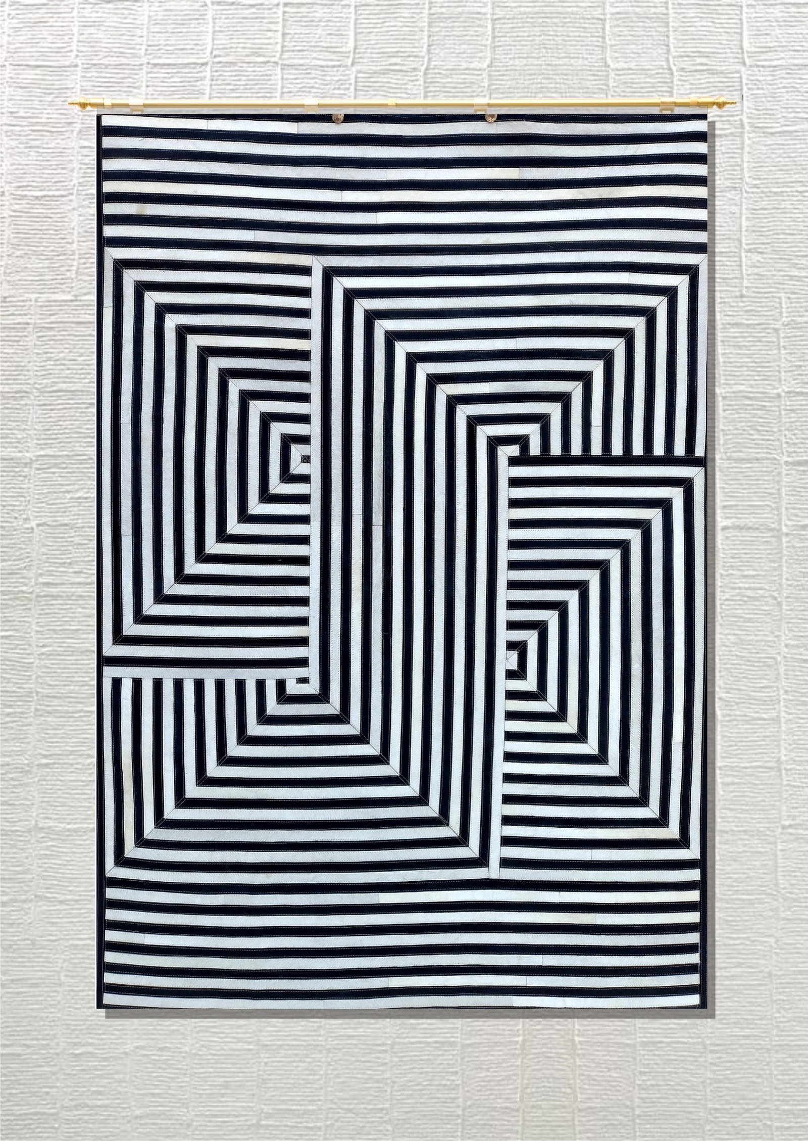 Handmade Monochrome Op-Art Labyrinth Patchwork Cowhide Leather Area Rug 3FT x 5FT (1 of 1)