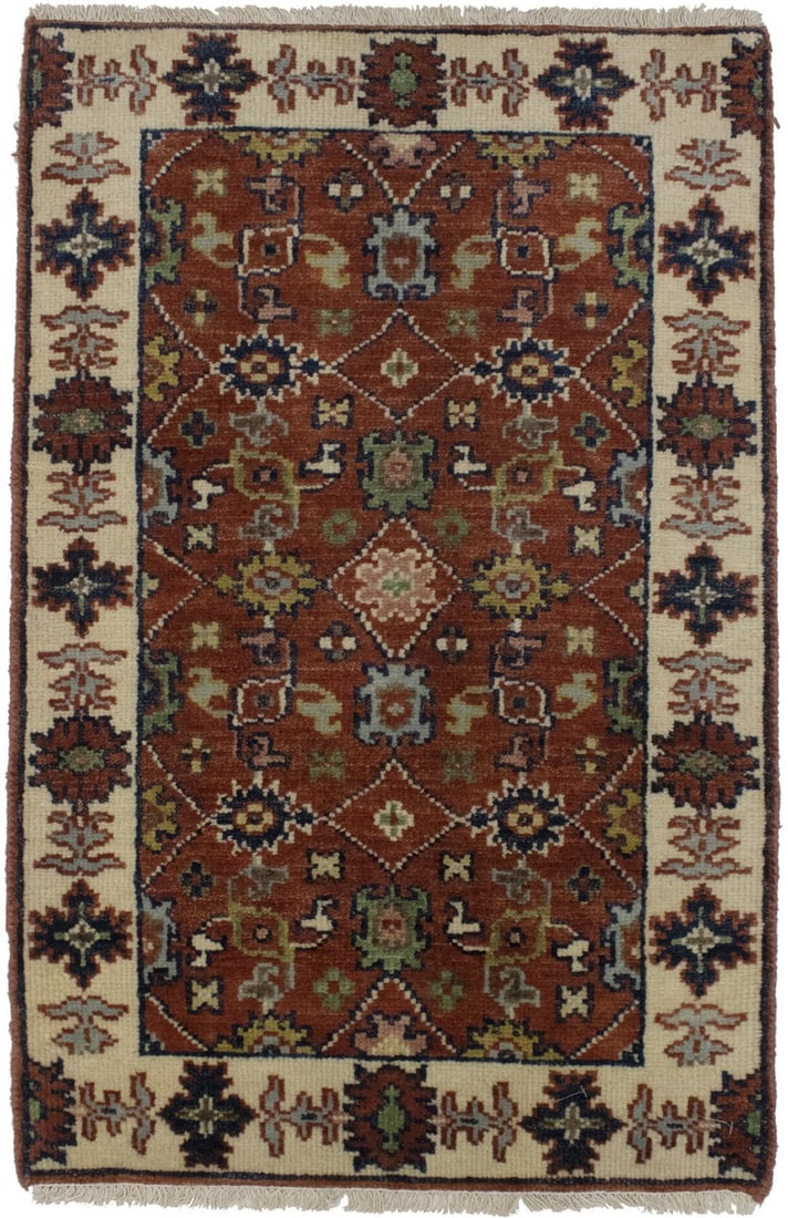 Hand-Knotted Wool Floral Rug 3x2 ft Modern Entryway Accent Carpet: Hand-Knotted Wool Floral Rug 3x2 ft Modern Entryway Accent Carpet This small hand-knotted area rug features a floral pattern in rust, cream, green, and navy blue tones. Crafted in India from wool, it