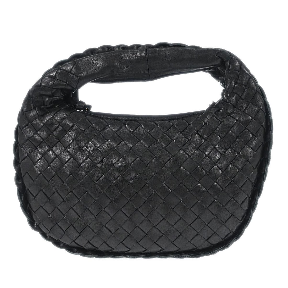 Bottega Veneta Intrecciato Black Lambskin Medium Hobo Bag with Top Handle: Bottega Veneta Intrecciato Black Lambskin Medium Hobo Bag with Top Handle This Bottega Veneta hobo handbag is crafted from black lambskin leather in the signature Intrecciato pattern. Featuring a medi