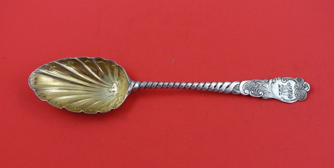 Georgian English Sterling Silver Berry Spoon Engraved Lion 8.5" (1 of 2)