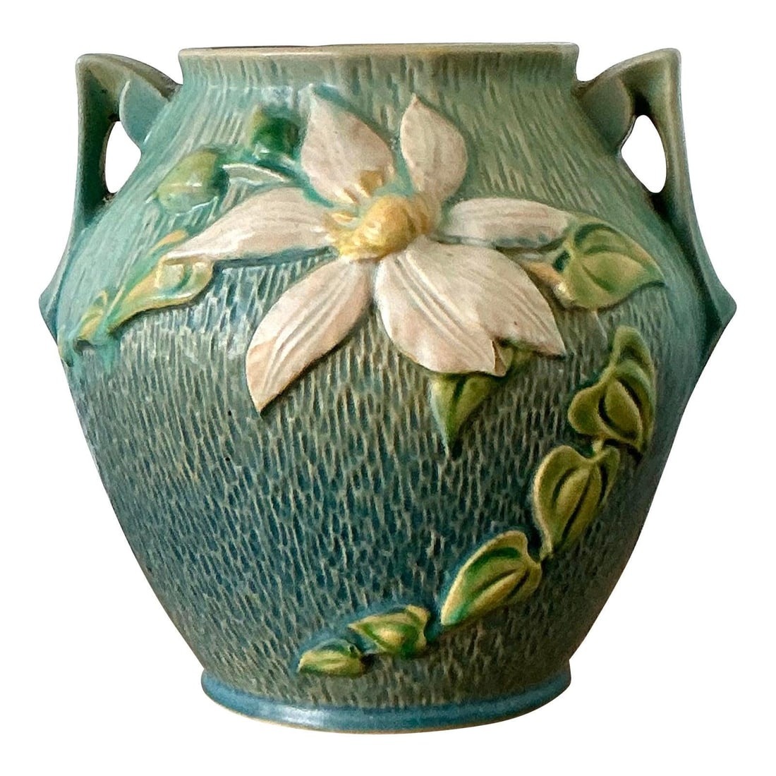 Roseville Clematis Matte Green Ceramic Vase with Embossed Floral Design (1 of 10)