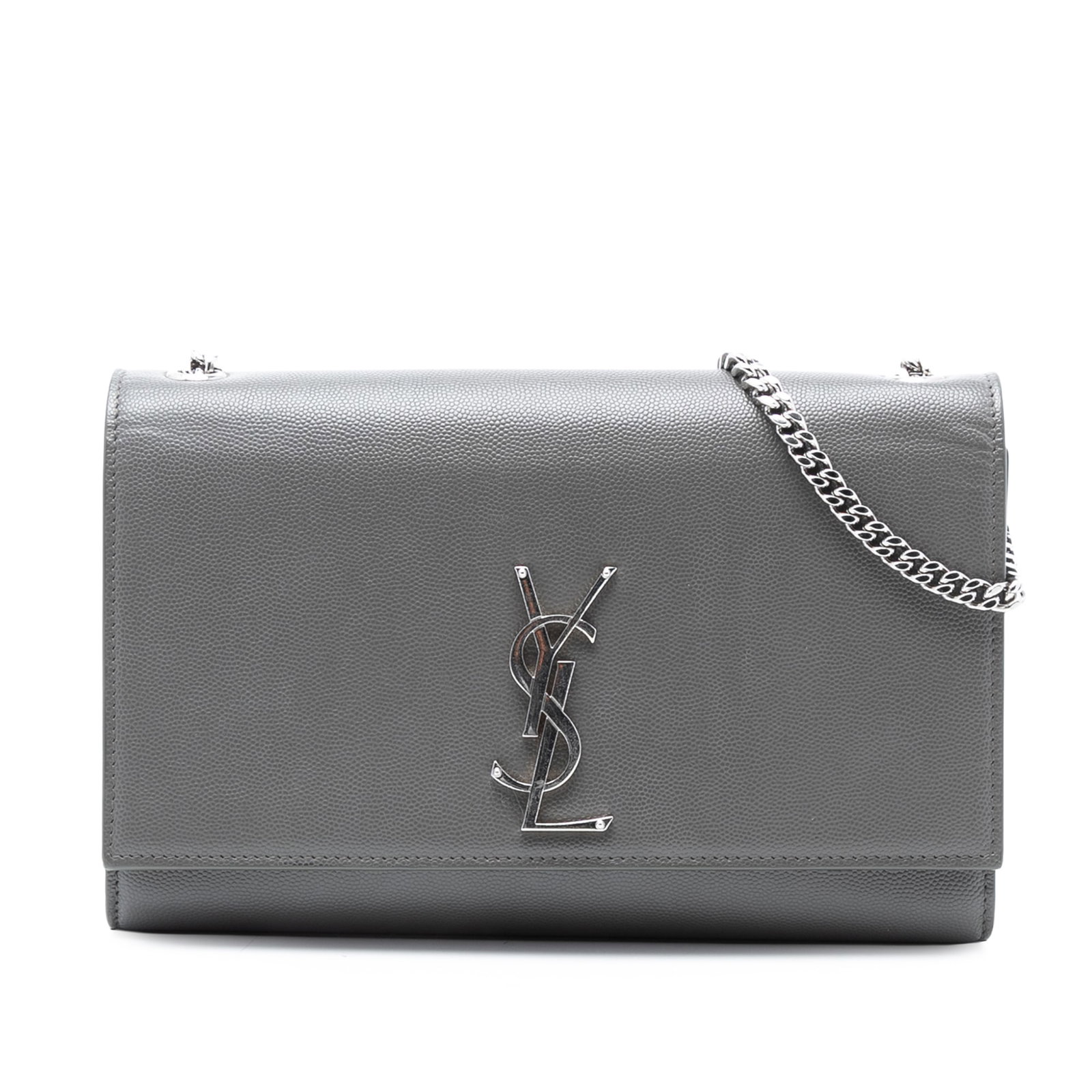Saint Laurent Kate Monogram Gray Leather Medium Crossbody Bag with Gold Chain: Saint Laurent Kate Monogram Gray Leather Medium Crossbody Bag with Gold Chain This Saint Laurent Medium Grain De Poudre Monogram Kate Crossbody bag features a gray leather body, a gold-tone curb chain