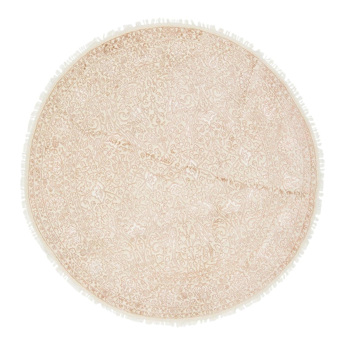 6'1 Modern Beige Wool Silk Round Rug Floral Design: 6'1 Modern Beige Wool Silk Round Rug Floral Design Enhance your living space with this exquisite contemporary round rug, meticulously hand-knotted from a luxurious blend of wool and silk. Showcasing a