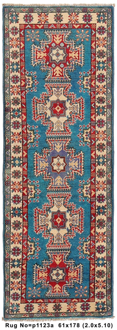 Handmade Azure Medallion 2' x 6' Kazak Rug Blue Wool: Handmade Azure Medallion 2' x 6' Kazak Rug Blue Wool Free continental US Shipping Introducing the Handmade Azure Medallion Kazak Rug, a stunning 2' x 6' piece that beautifully combines tradition with