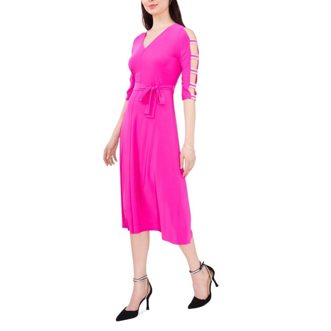 MSK Petite Glitter Sleeve Fit & Flare Midi Dress Fuchsia (1 of 2)
