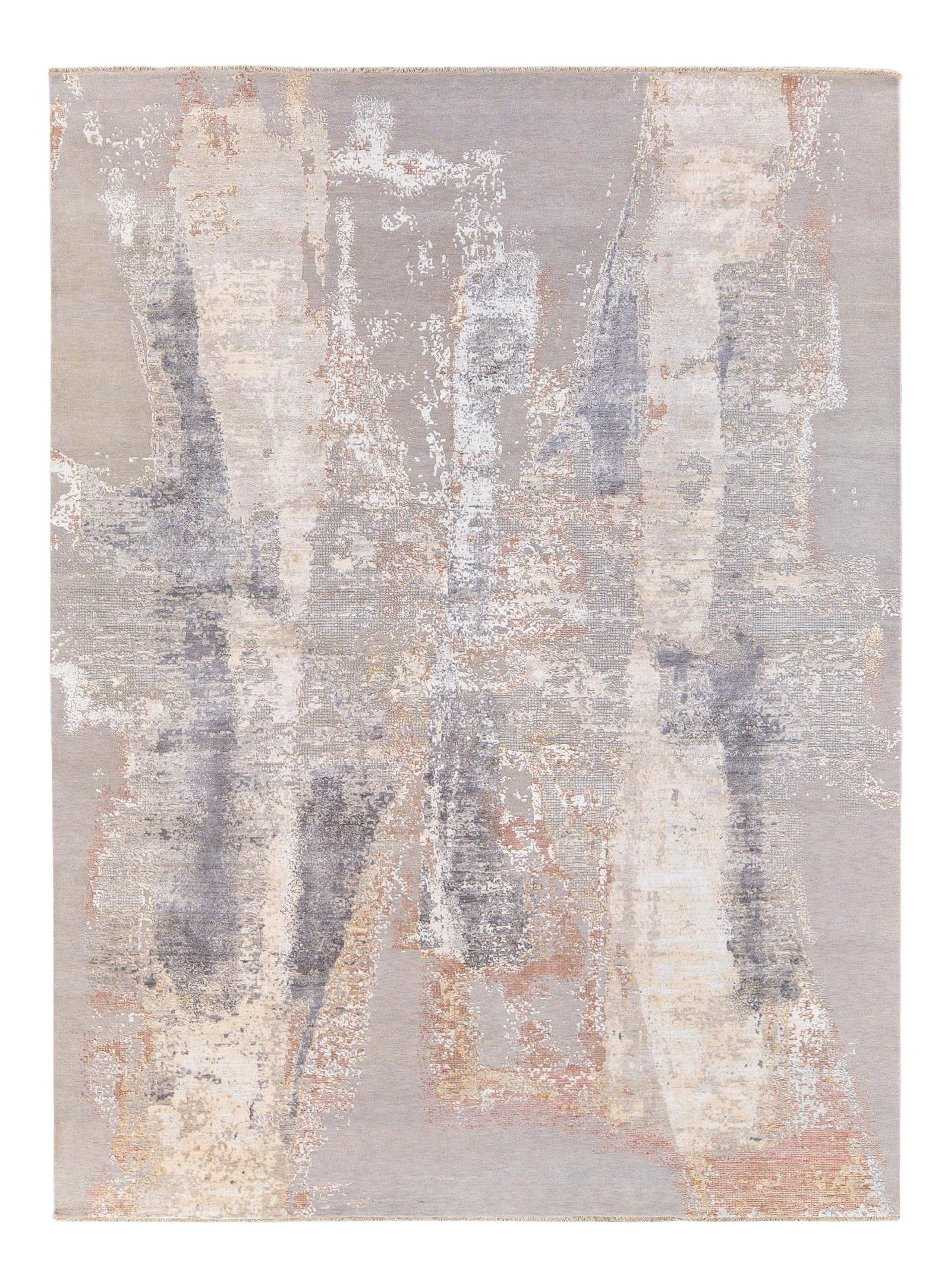 Modern Indian Hand-Knotted Beige Gray Abstract Wool Silk Rug 9'1 x 12'4: Modern Indian Hand-Knotted Beige Gray Abstract Wool Silk Rug 9'1 x 12'4 Enhance your space with this exquisite modern Indian hand-knotted rug, featuring a stunning gray and beige gradient field comple