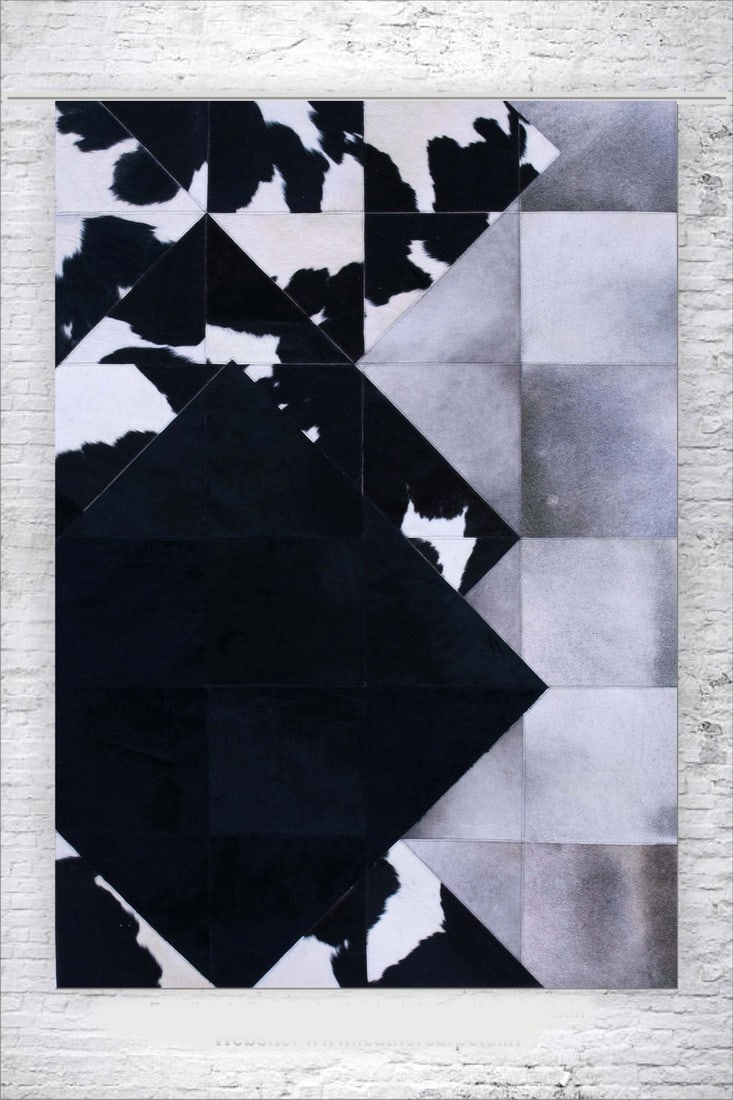 Contemporary Geometric Patchwork Cowhide Leather Carpet Obsidian Silver 3FT x 5FT (1 of 1)