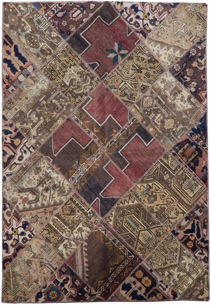 5'6 x 7'10 Beige Antique Persian Hand-Knotted Patchwork Area Rug (1 of 6)