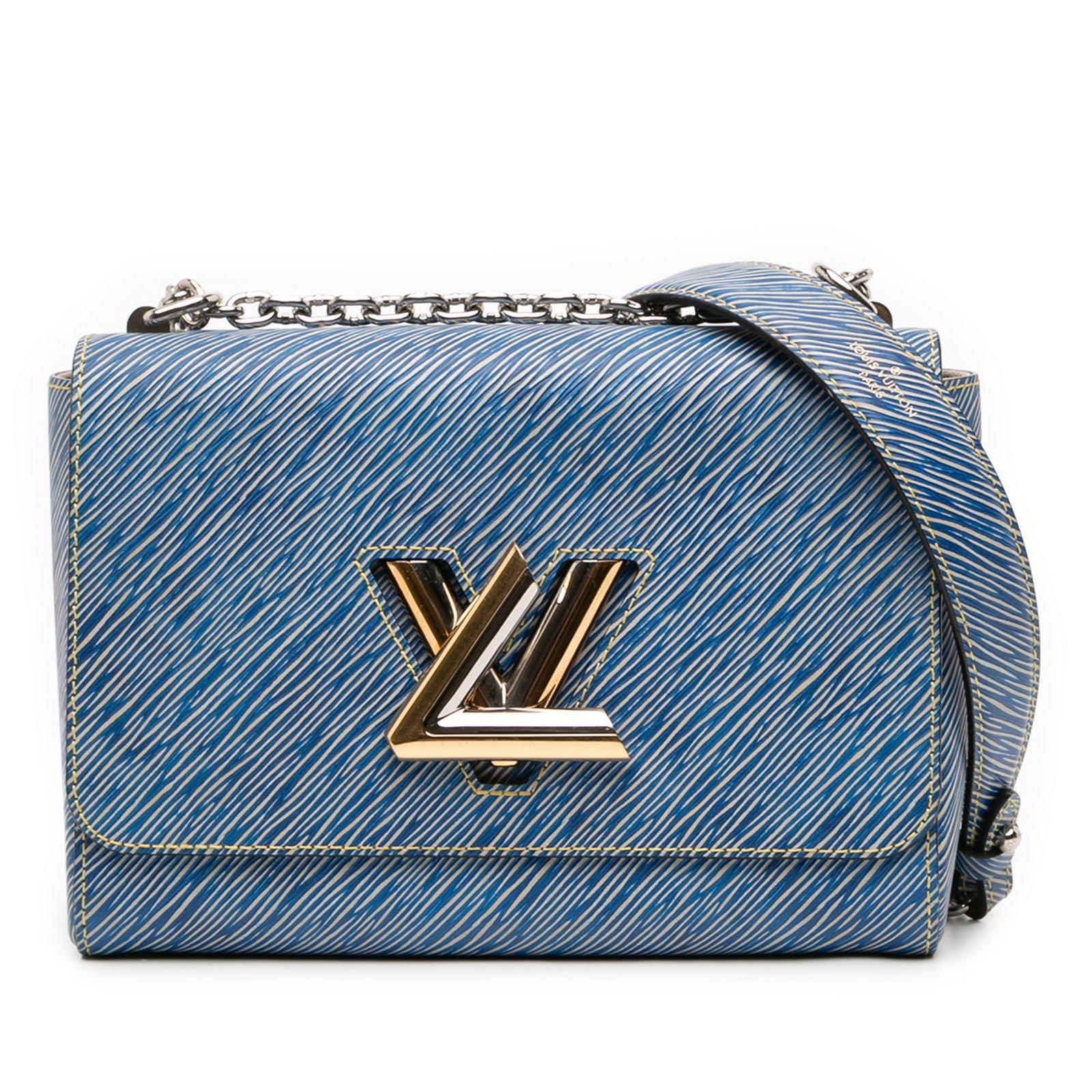 Louis Vuitton Blue Epi Denim Twist MM Leather Shoulder Bag: Louis Vuitton Blue Epi Denim Twist MM Leather Shoulder Bag This Louis Vuitton Epi Denim Twist MM features a blue epi leather body with a distinctive texture, a chain link strap, and a front flap secur