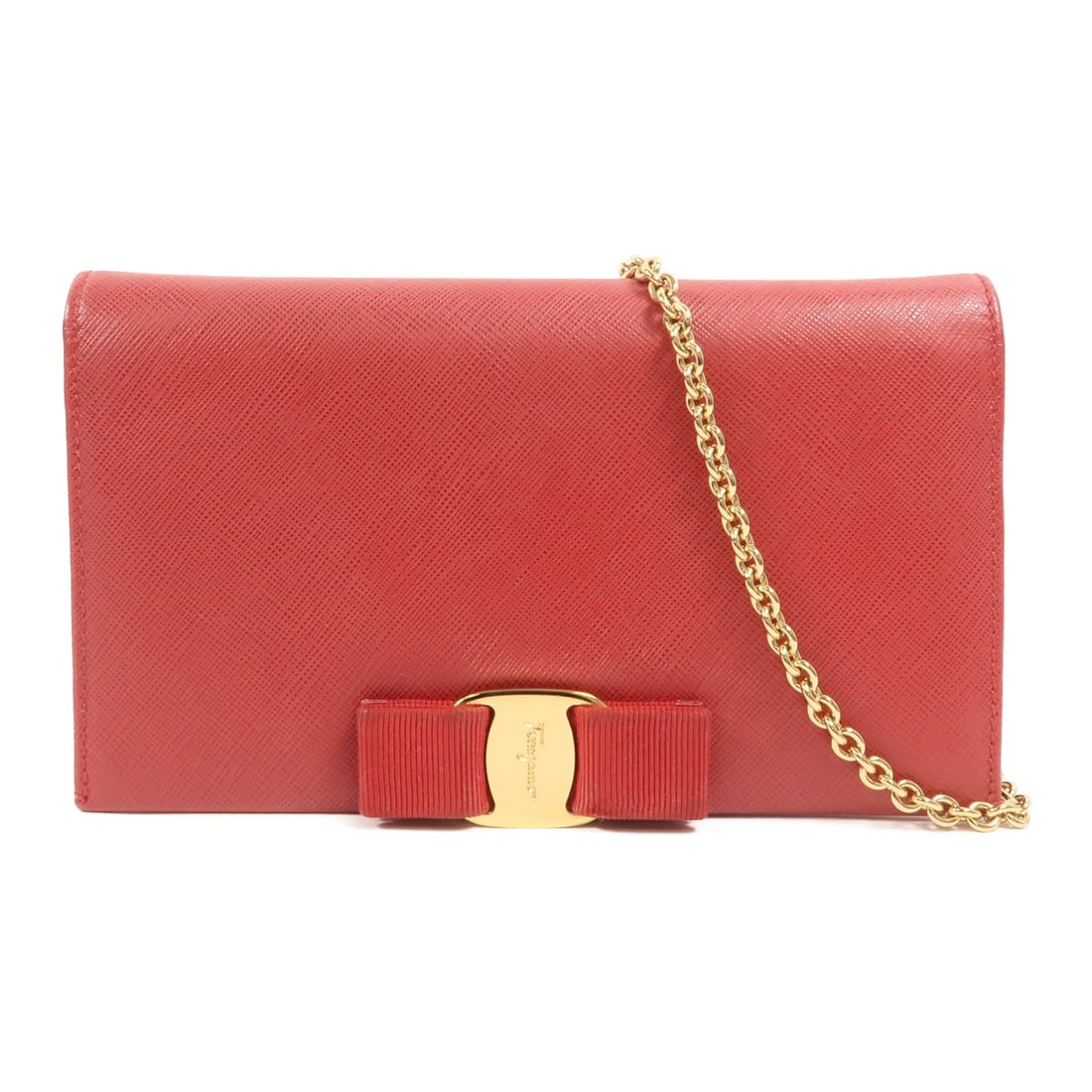 Ferragamo Red Calfskin Leather Wallet on Chain Shoulder Bag with Gold Hardware: Ferragamo Red Calfskin Leather Wallet on Chain Shoulder Bag with Gold Hardware This Salvatore Ferragamo shoulder bag for women is crafted from red calfskin leather and features a compact, elegant desi