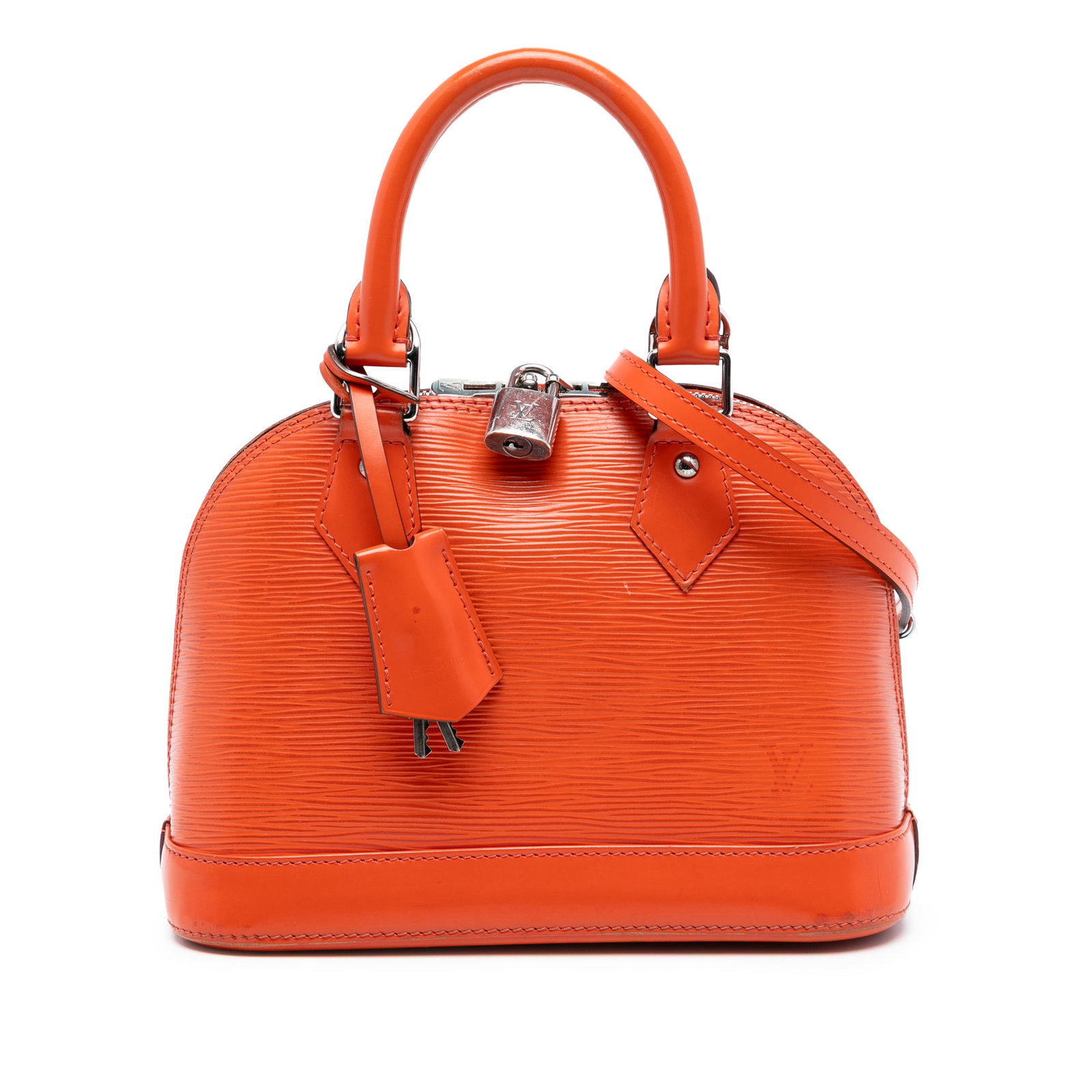 Louis Vuitton Epi Leather Alma BB Orange Handbag with Detachable Strap: Louis Vuitton Epi Leather Alma BB Orange Handbag with Detachable Strap This Louis Vuitton Epi Alma BB features an orange epi leather body with rolled leather handles, a detachable strap, a zip-around