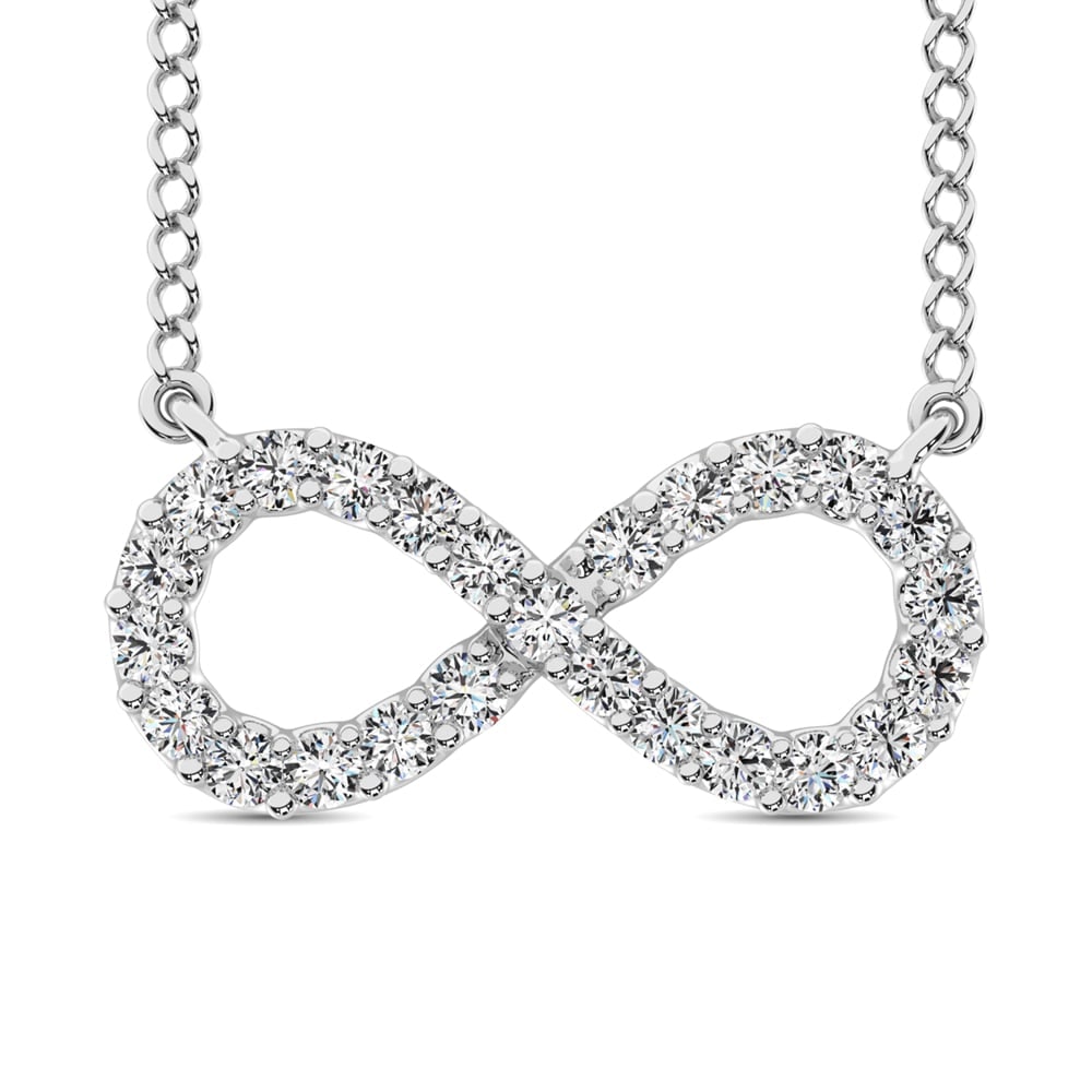 10K White Gold Diamond 1/2 Ct.Tw. Infinity Pendant: 10K White Gold Diamond 1/2 Ct.Tw. Infinity Pendant This stunning pendant is available in 10K White Gold. There are 25 round diamonds with a total carat weight of 1/2 Ct.Tw. set in a Prong setting. 10k
