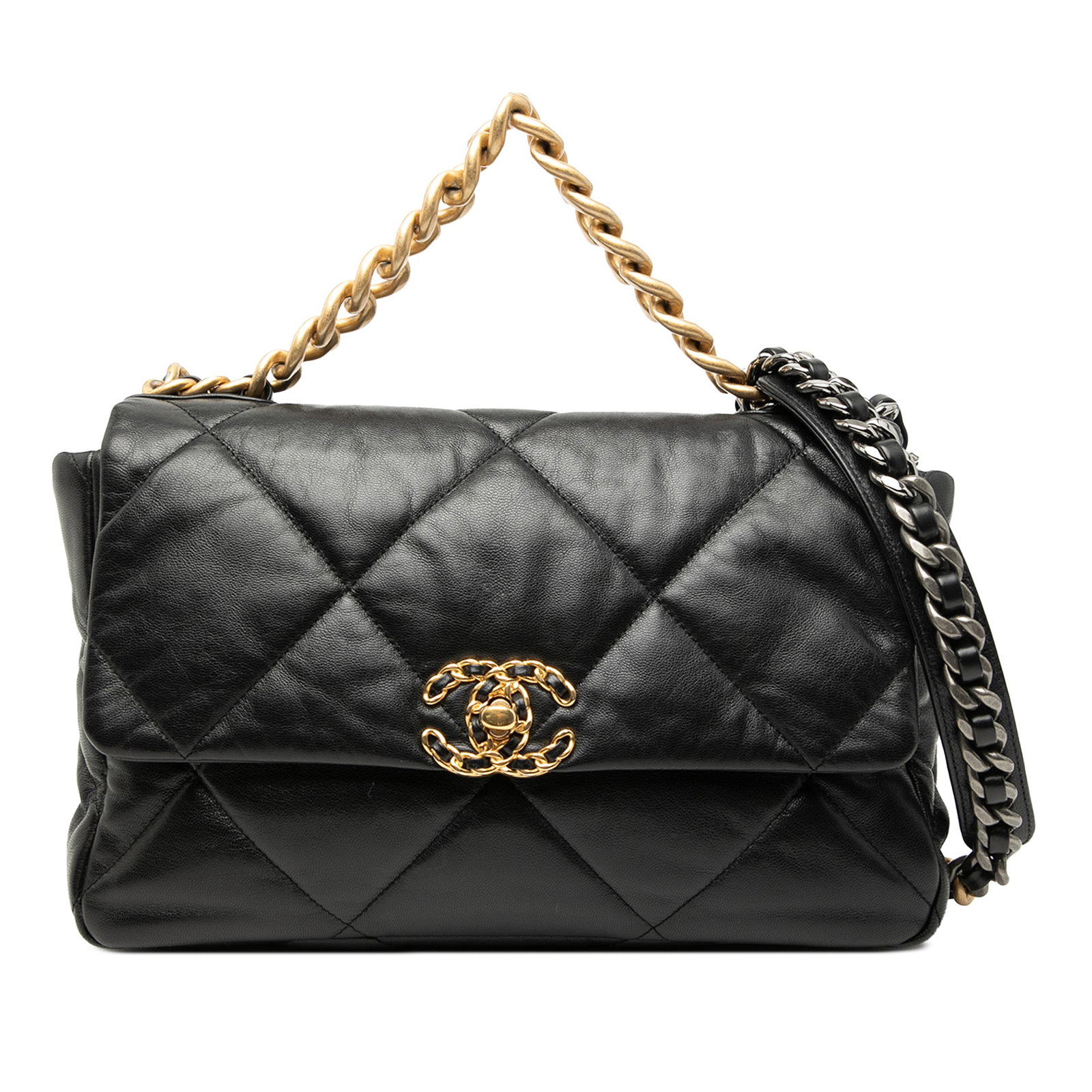 Chanel 19 Large Quilted Black Lambskin Flap Shoulder Bag with Gold Chain: Chanel 19 Large Quilted Black Lambskin Flap Shoulder Bag with Gold Chain This Chanel Large 19 Flap bag features a quilted lambskin leather body in black, accented with a gold-tone chain handle and a l